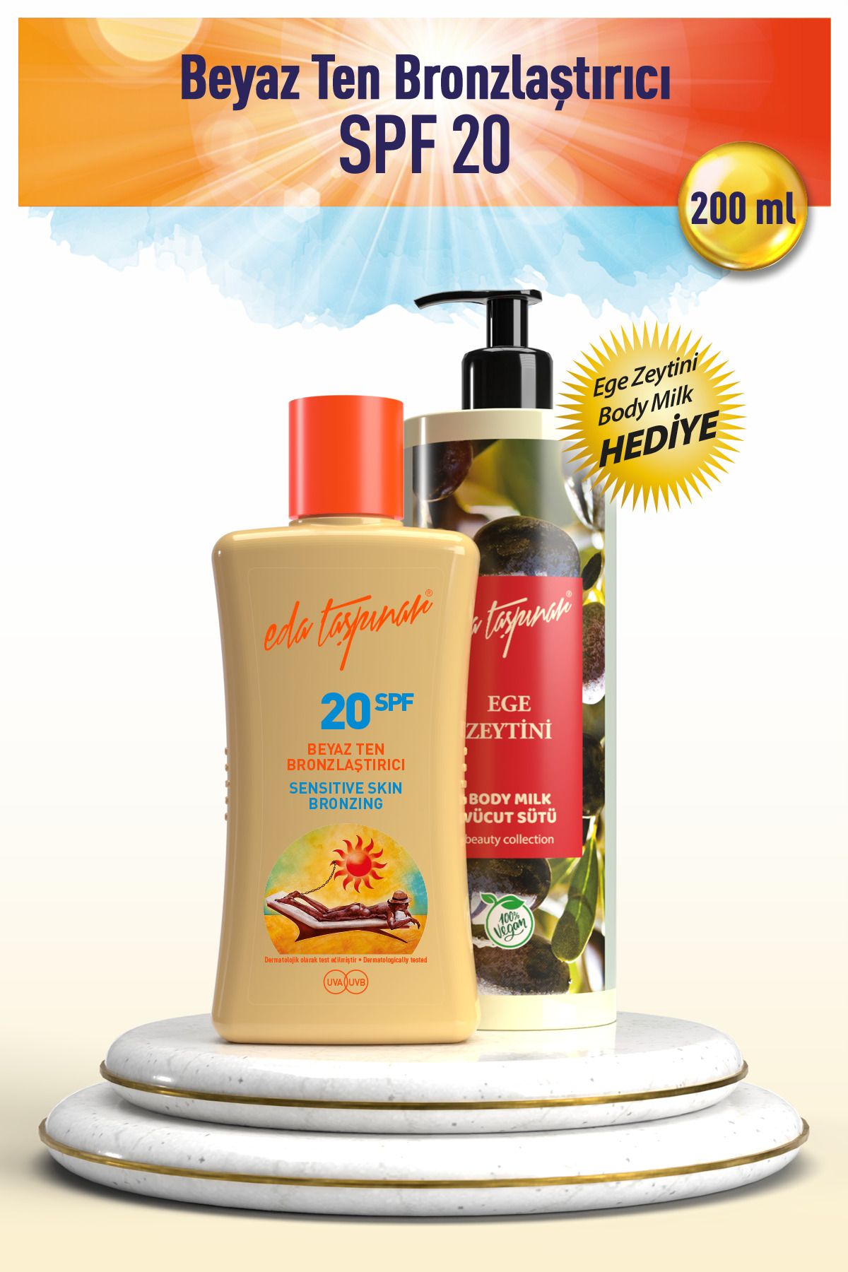 Eda Taşpınar Beyaz Ten Bronzlaştırıcı SPF20 200ml YANINDA HEDİYE X 2 -Ege Zeytinyağı Body Milk 400ml