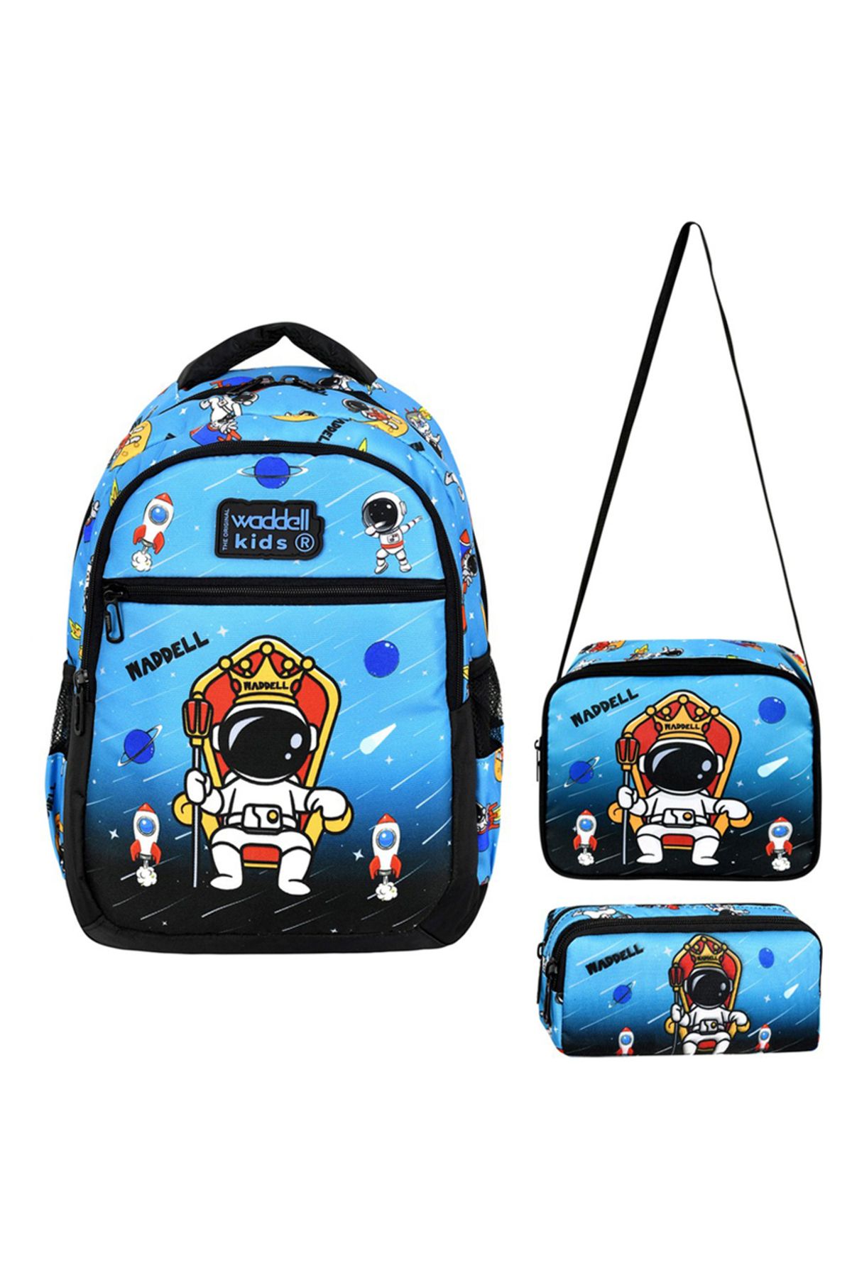 KAFF Mavi Astronot Desenli Çanta Beslenme Kalemlik Erkek Çocuk 3'lü Set Ilkokul Çantası -24308