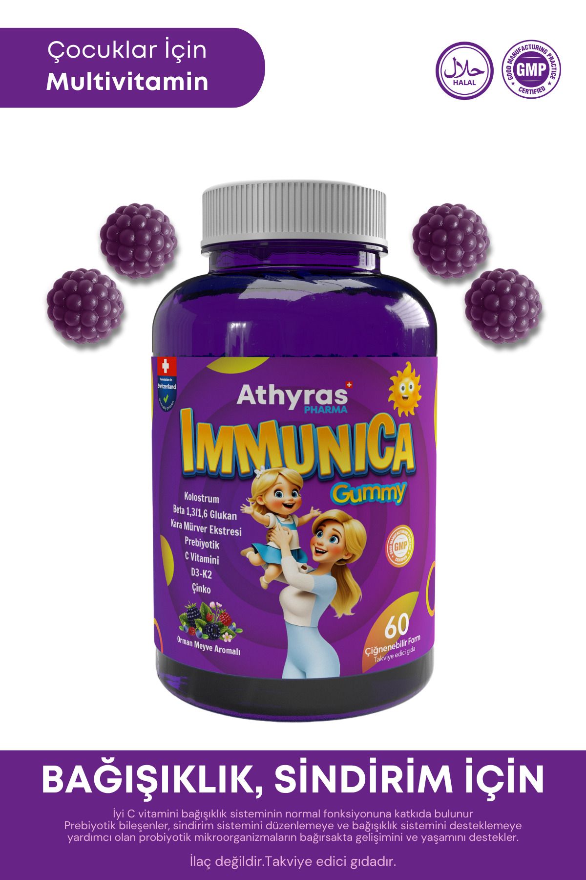 Athyras Pharma Immunica Gummy Kolostrum,Beta Glukan, C,D, Çiğnenebilir Vitamin (Bağışıklık,Sindirim)