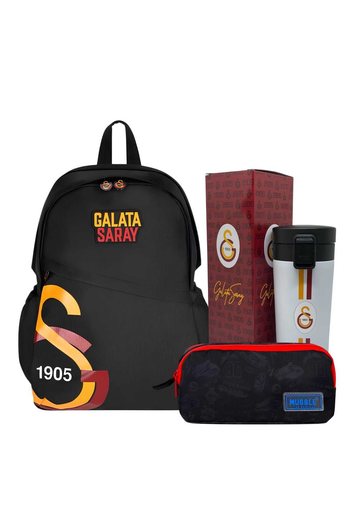 Galatasaray Sırt Çantası , Çift Gözlü Kalem Çantası - Lisanslı Çift Katlı Çelik Termos Matara