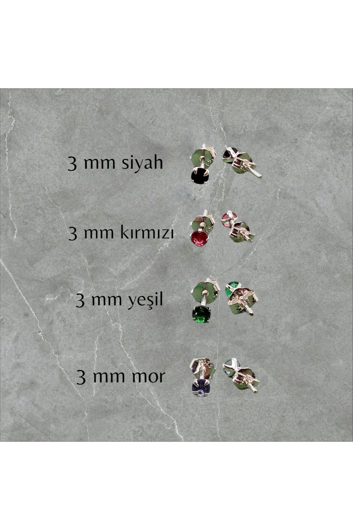 Kjewelry 925 Ayar Gümüş ( 3mm ) Zirkon Tektaş Renkli ( Siyah ) Yuvarlak Küpe ( 1 Çift )