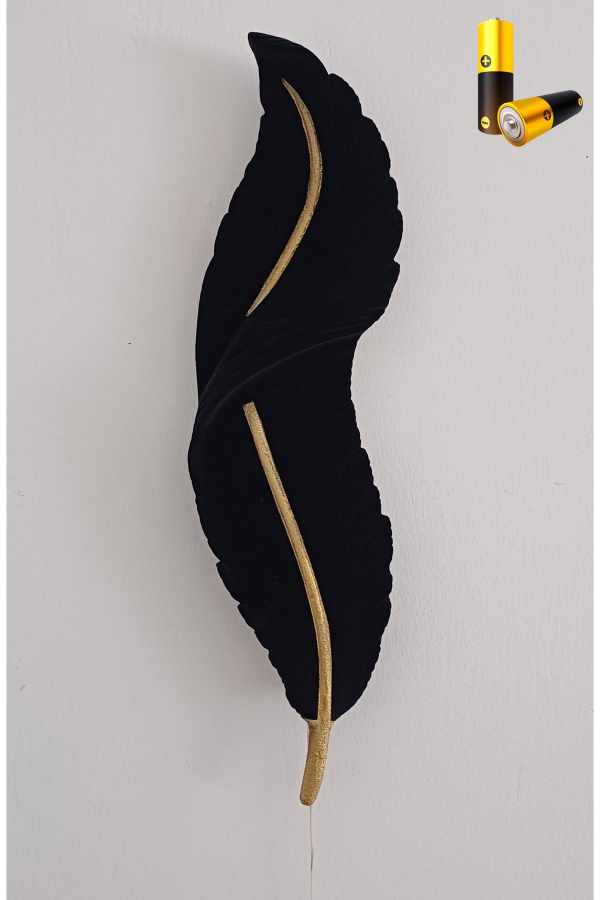 MBD STORE Tüy Aplik Ledli Pilli Kadife Kaplama Gold Detaylı Dekoratif Duvar Aydınlatma 60x16 cm