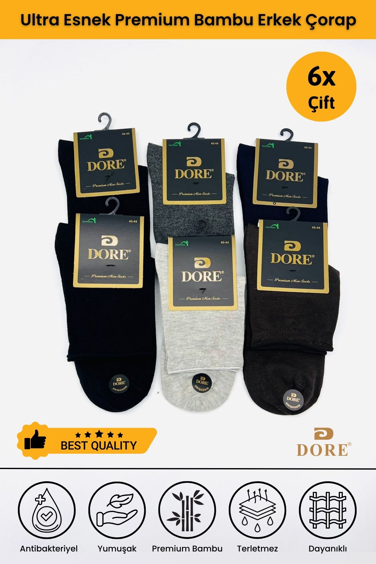 Dore Orijinal Erkek 6 Çift Premium Bambu Lastiksiz Dikişsiz Esnek Konfor Modeli Yarım Konç Soket Çorap