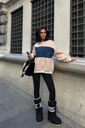 Genel Markalar Göğsü Denim Garnili Sweatshirt - Taş