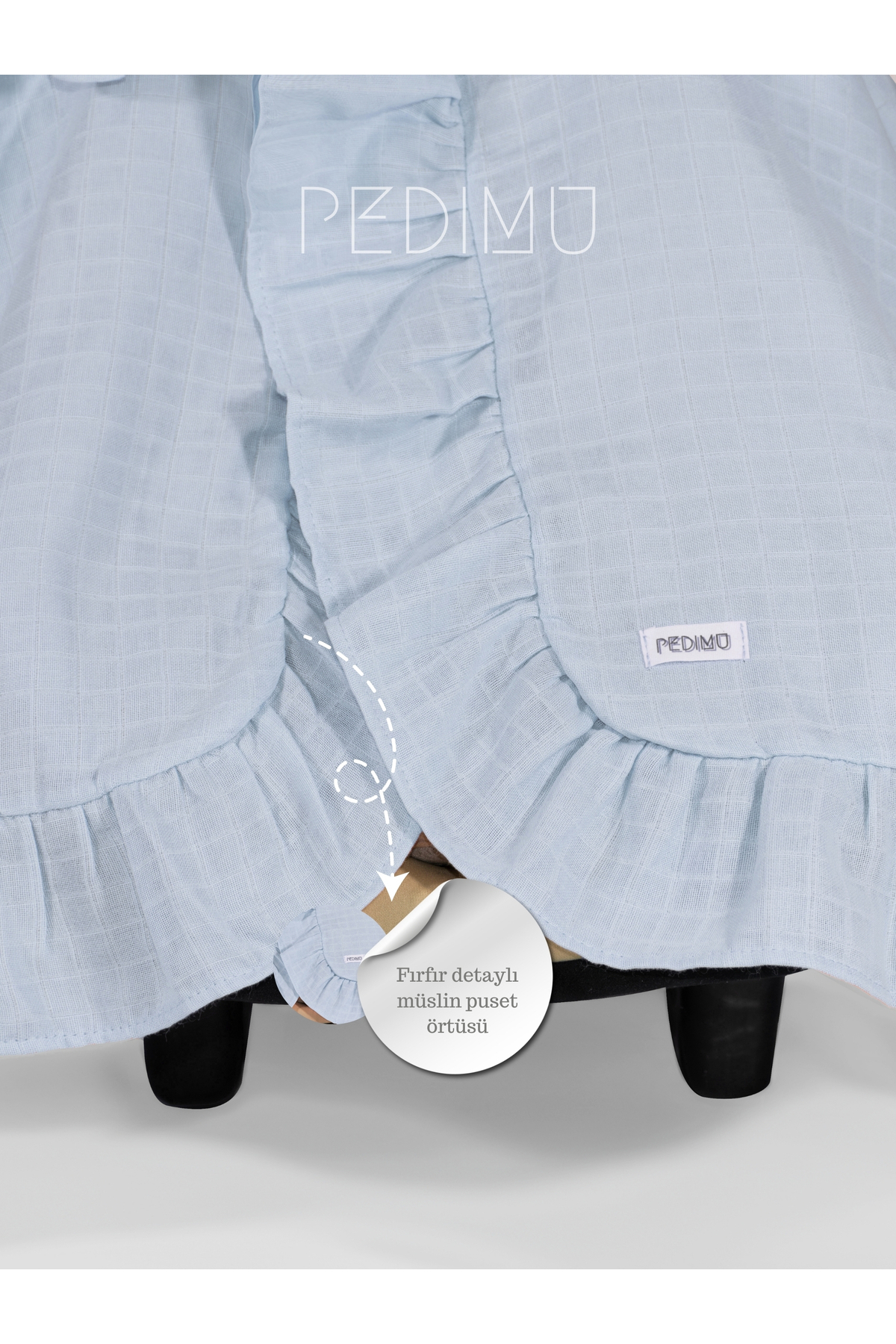 Pedimu Müslin Mavi Renk Fırfır Detaylı Puset Örtüsü fotoğrafı 6 (önizleme)