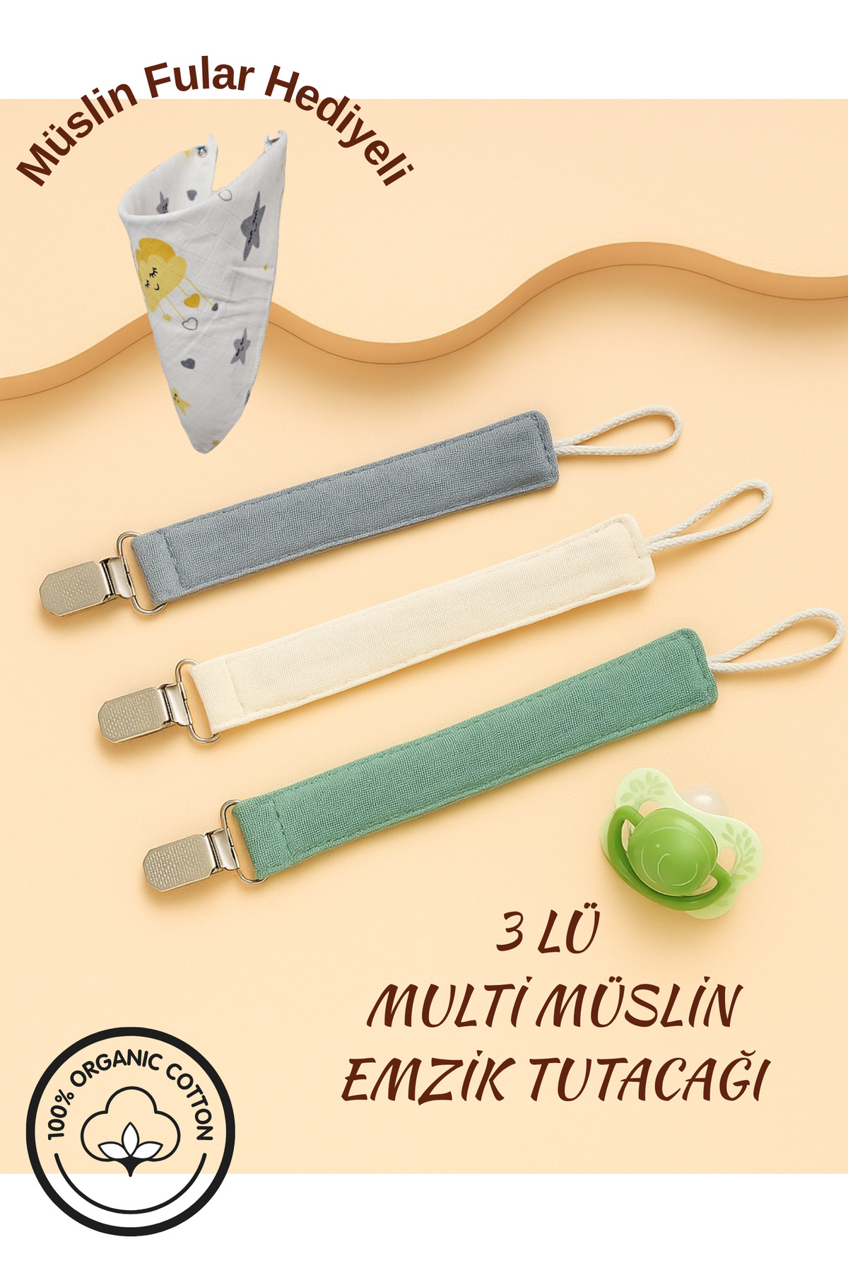 BeybiNest Multi Müslin Emzik Askısı Klipsli Emzik Tutacağı 3 Lü Set fotoğrafı 2 (önizleme)