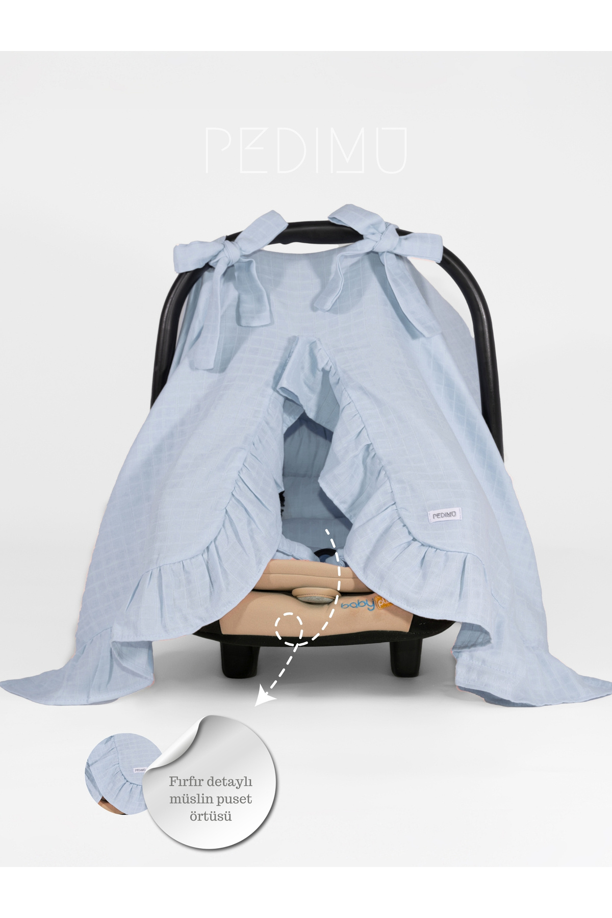 Pedimu Müslin Mavi Renk Fırfır Detaylı Puset Örtüsü fotoğrafı 4 (önizleme)