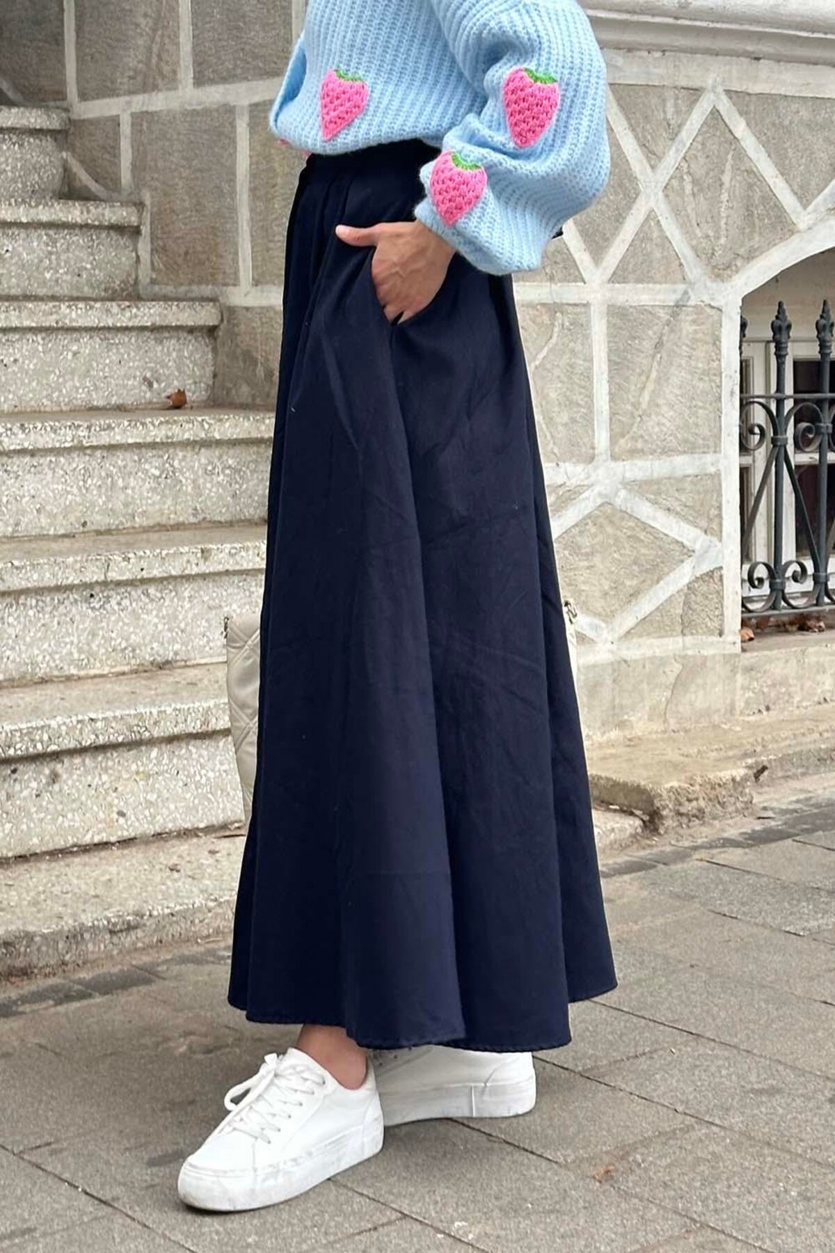 lamelif Cep Detaylı Kloş Keten Etek Lacivert görsel 2