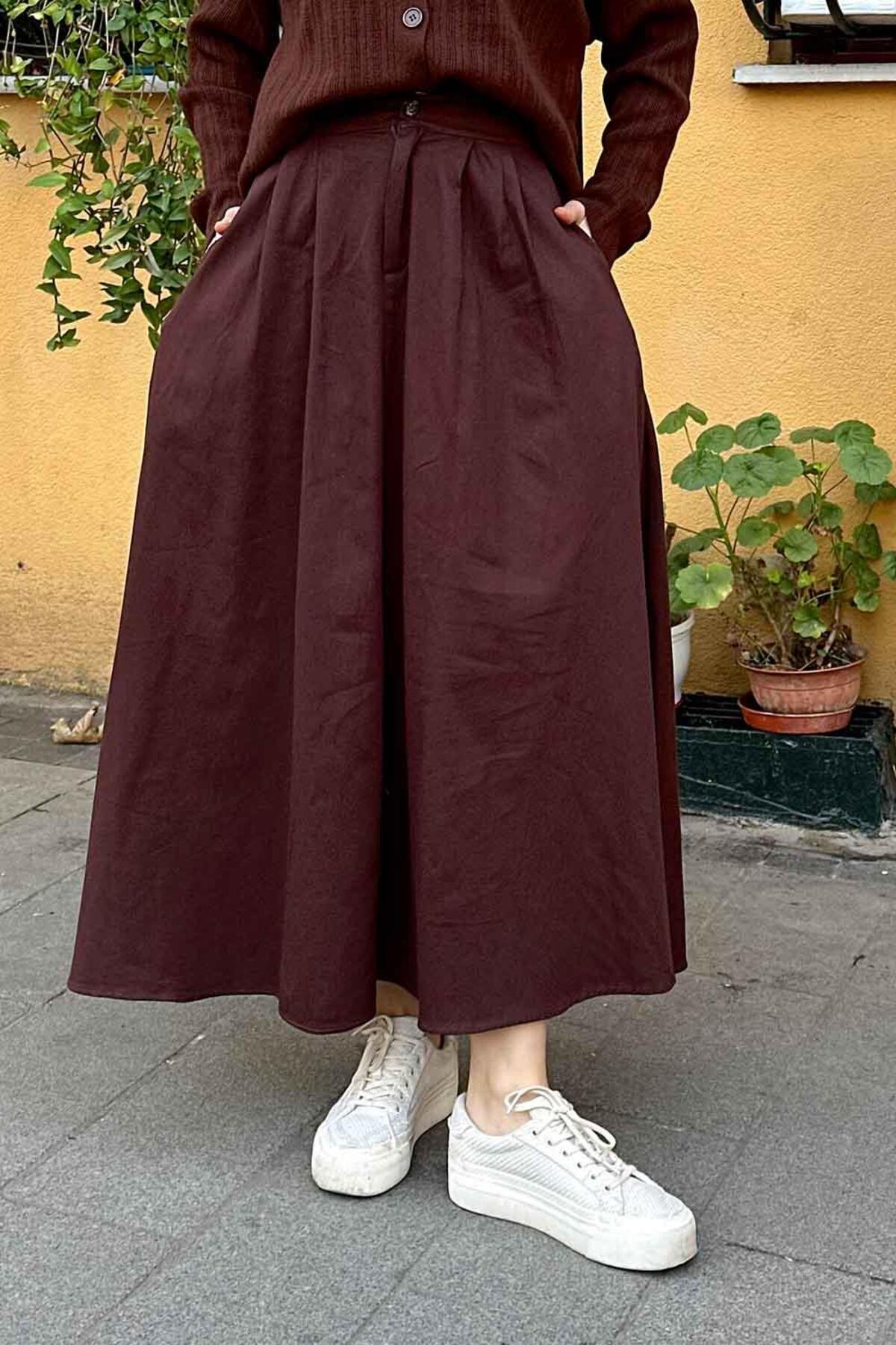 Lamelif  Cep Detaylı Kloş Keten Etek Acı Kahverengi - Görsel 4