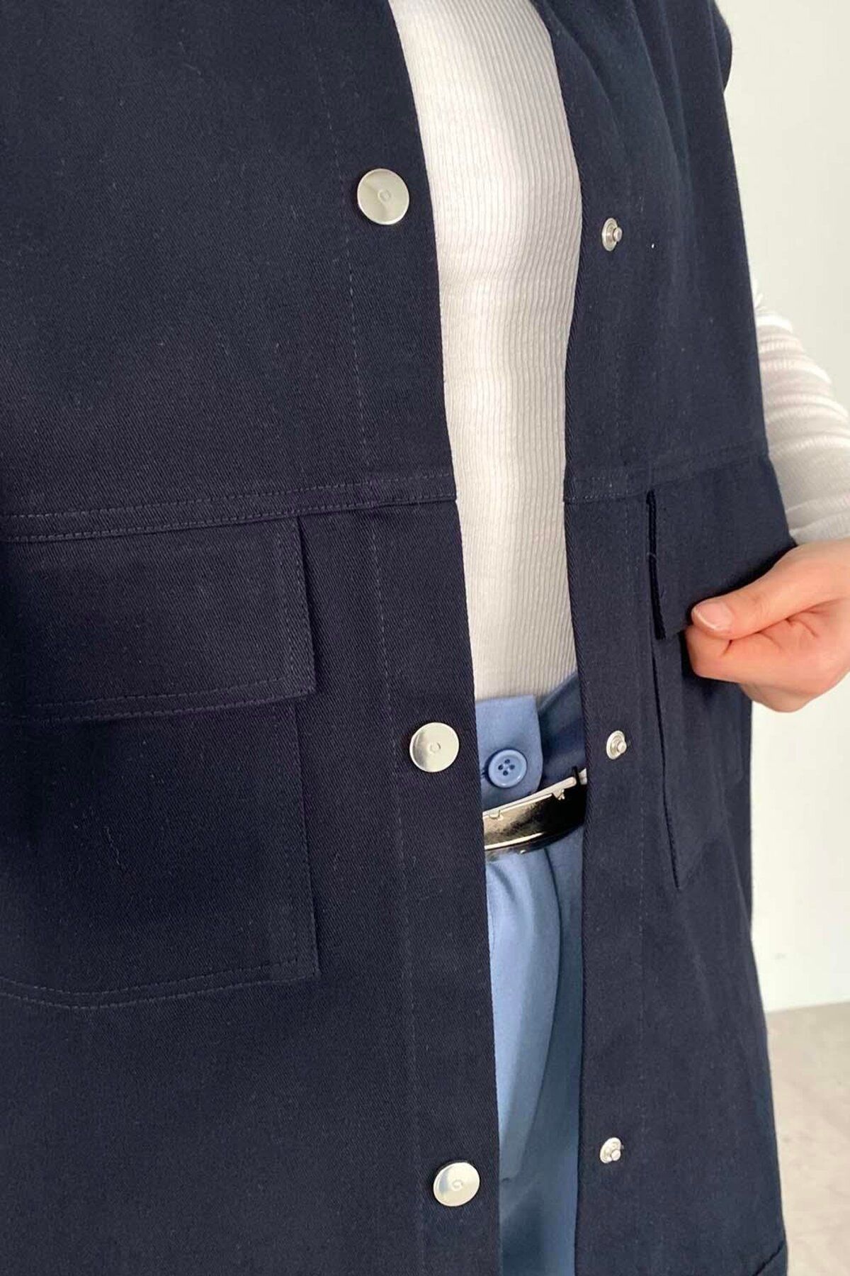 lamelif-Front Snap Button Vest Navy Blue 4