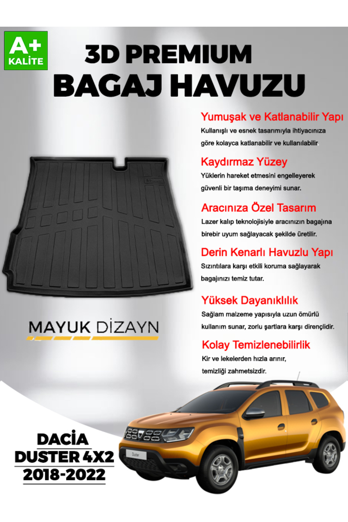 Mayuk Dizayn Dacia Duster 4x2 2018-2022 MYK 3D Premium Yumuşak Bagaj Havuzu