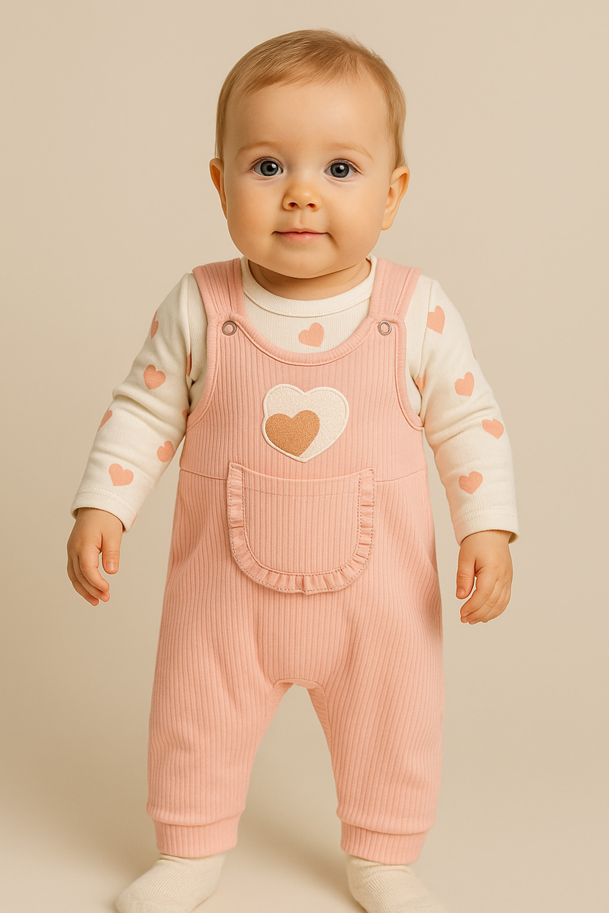 NAFİTTO Kalpli Kız Bebek Tulum 3’lü Tulum Seti – Kollu Zıbın, Cepli Tulum ve Çorap | 3-6-9 Ay Bebek Kıyafeti fotoğrafı 7 (önizleme)