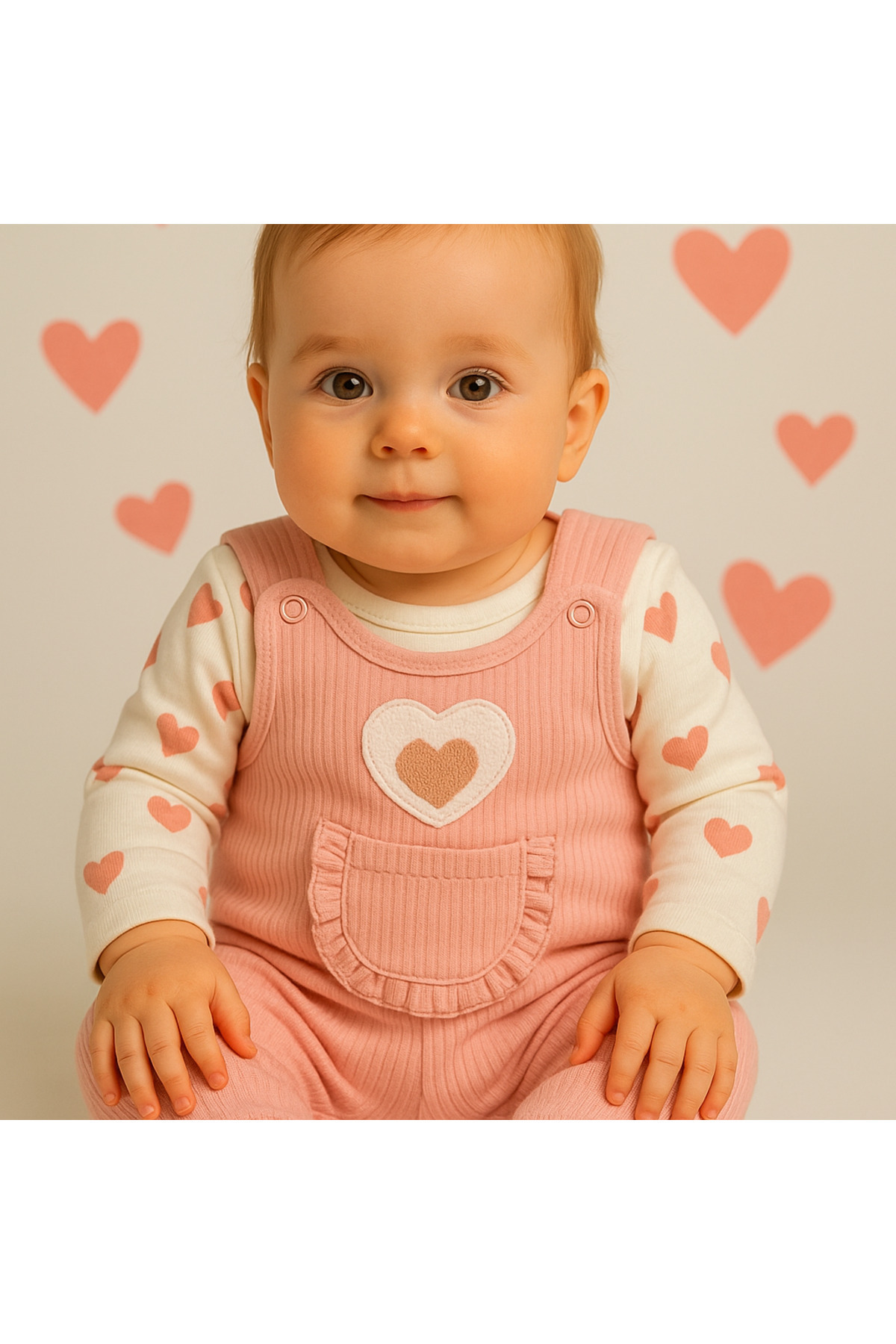 NAFİTTO Kalpli Kız Bebek Tulum 3’lü Tulum Seti – Kollu Zıbın, Cepli Tulum ve Çorap | 3-6-9 Ay Bebek Kıyafeti fotoğrafı 2 (önizleme)