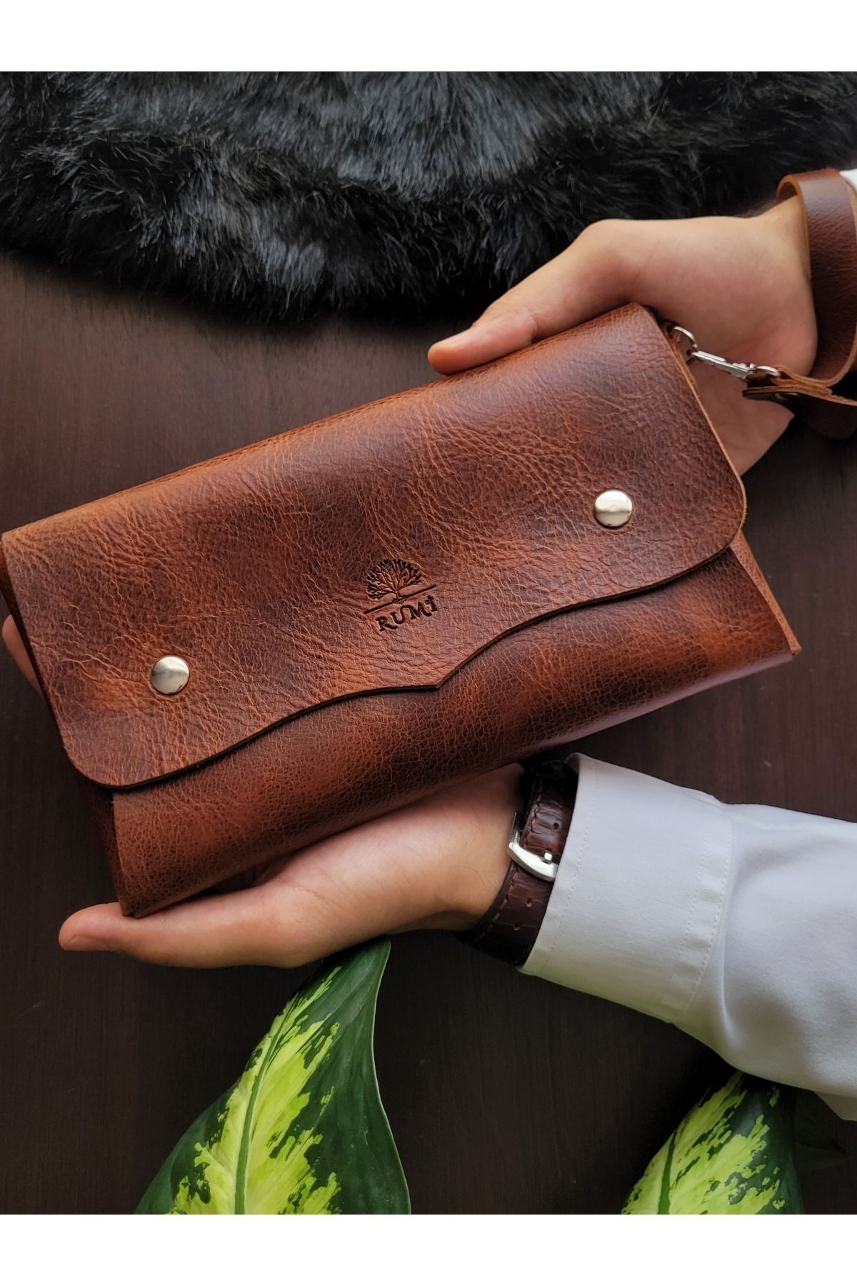 Rumi Deri %100 Hakiki Deri El Çantası El Askılı Portföy & Clutch Çanta Erkek & Kadın Hediyelik