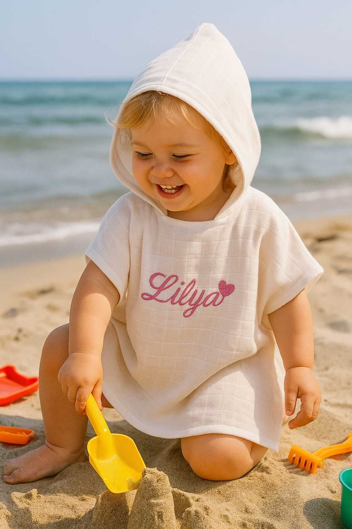 sevilleatelier %100 Pamuk Müslin Kapşonlu Plaj Çocuk Bebek Panço Bornoz, 1-3 YAŞ (Kişiye Özgü İsimli Nakış Desenli