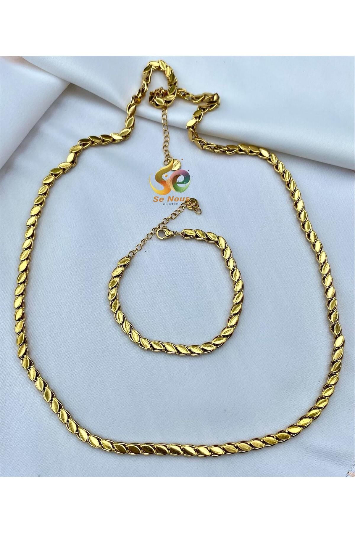 Butik Arpa Model Çelik Kolye ve Bileklik (Gold) (Kuyumcu İşçiliği Altın Kaplama)