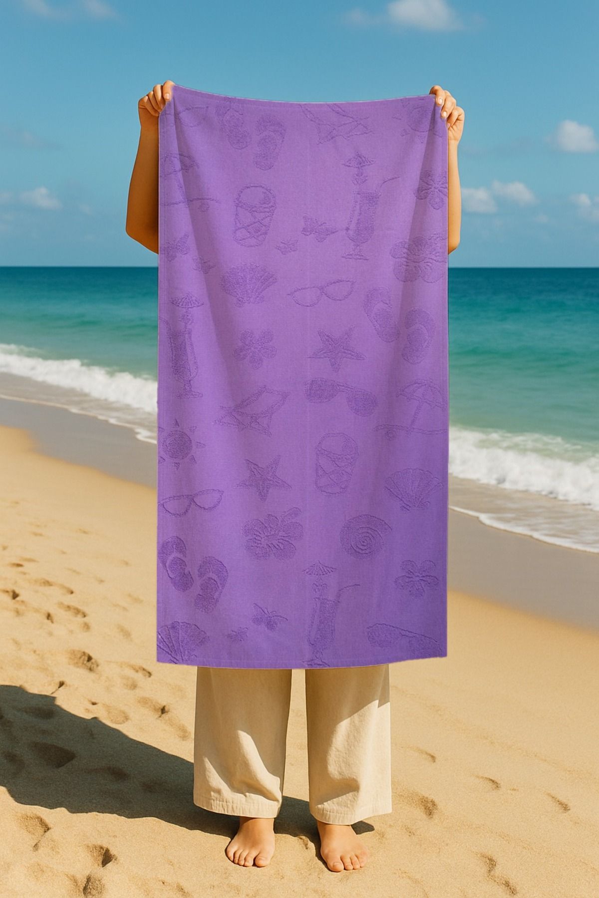 Tropikhome Hızlı Kuruyan Plaj Havlusu %100 Pamuk Purple Beach Vibes Plaj Havlusu - Mor