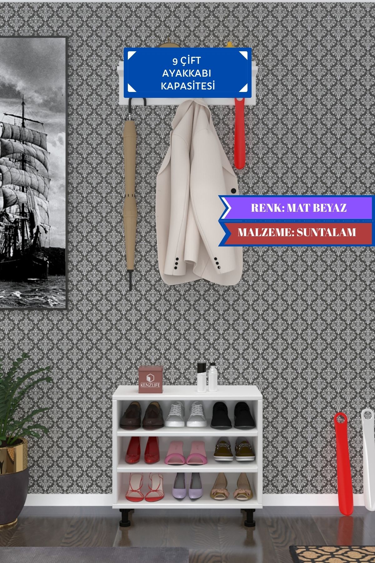 Kenzlife ayakkabılık başmak3 byz 53*060*30 kapaksız 3 raflı 9 çift ayakkabı kapasitesi