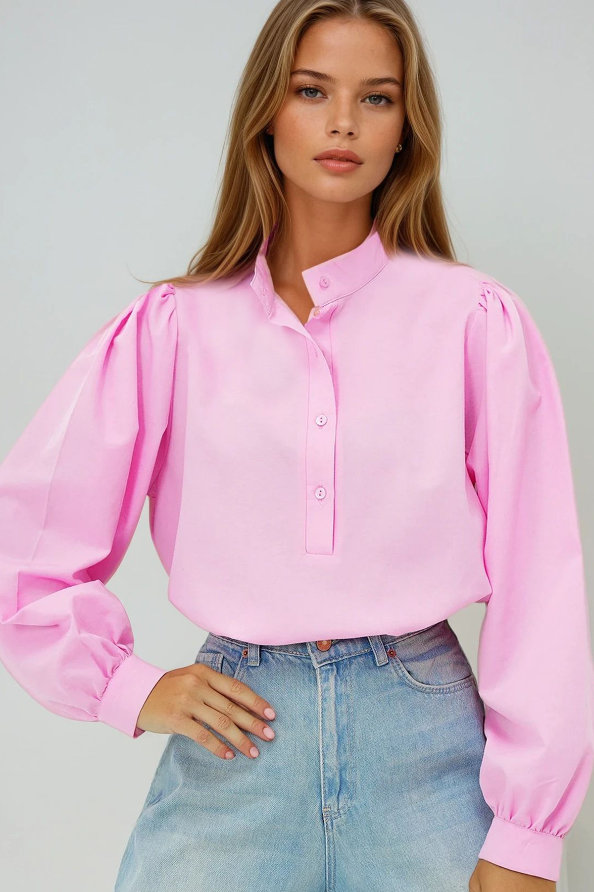 VAGGON Dámská růžová halenka s límečkem s knoflíkem vpředu s balonovým rukávem Popelínová tkaná halenka Prm0577