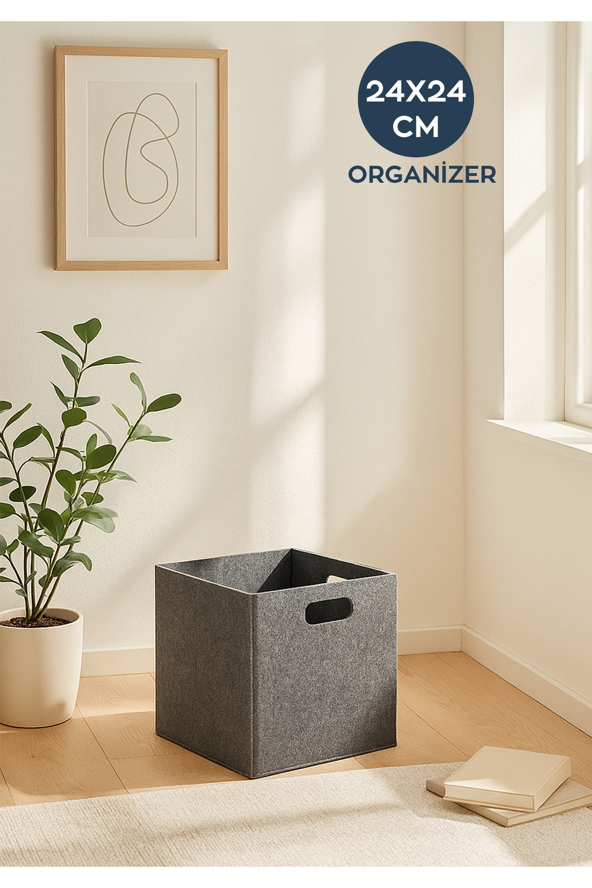 HOMİNG Çok Amaçlı Keçe Organizer Sepet Dolap Içi Düzenleyici -tekli Gri // 24 X 24 Cm