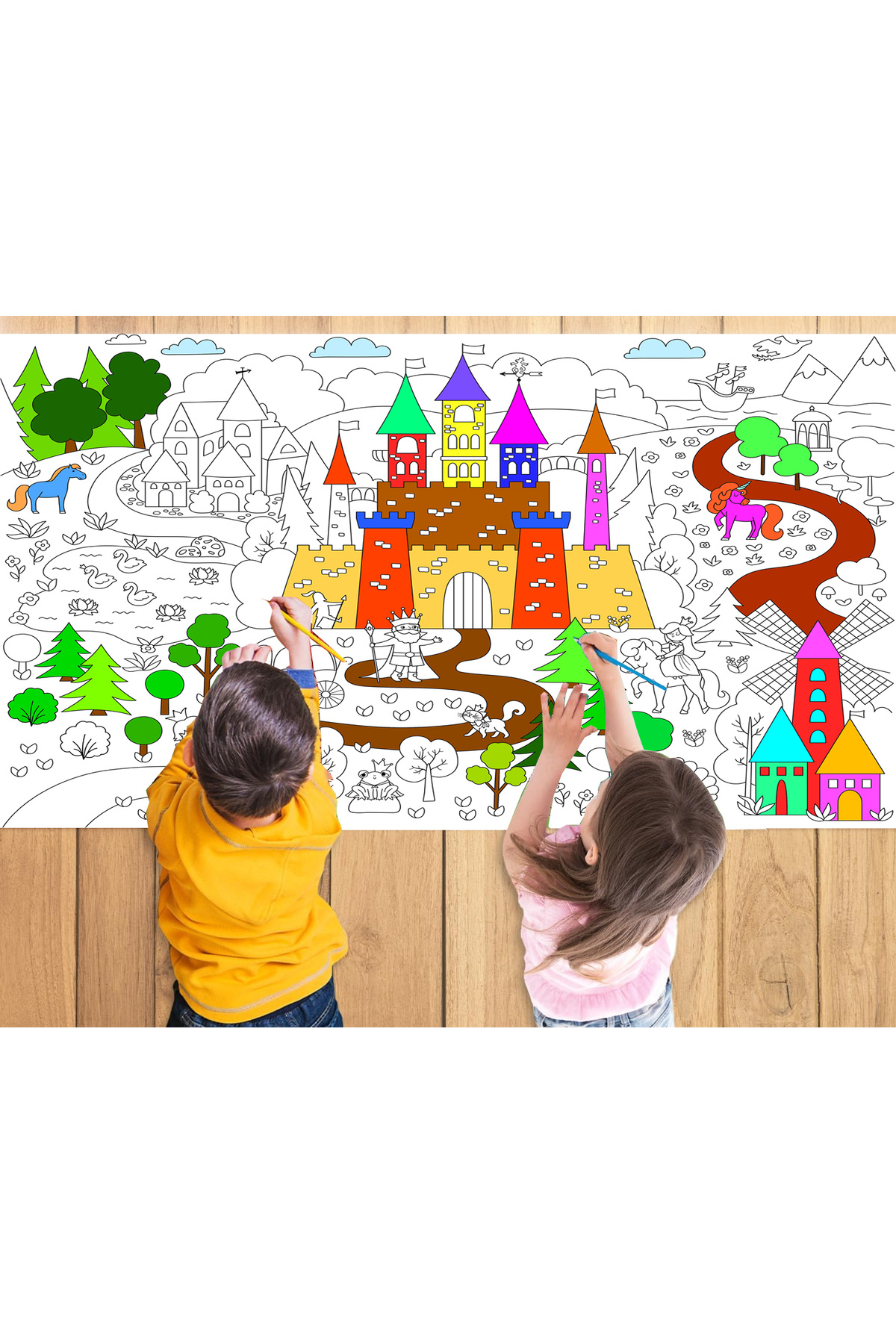 woodhomeworks Şatolu Prens Ve Prenses Temalı Dev Boyama Kağıdı 2,5 Metre Rulo Boyama Kağıdı - Çocuk Eğitici Boyama