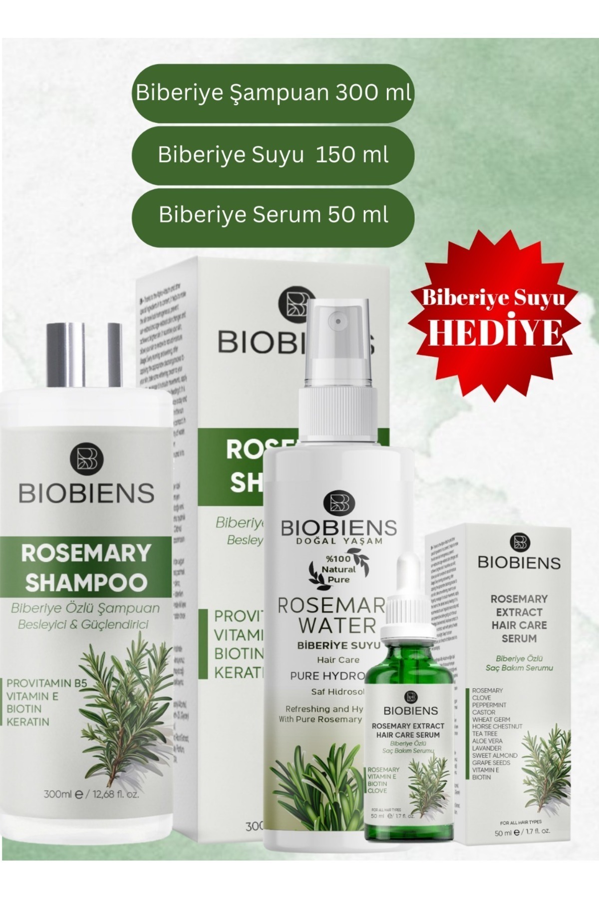 Saç Bakım Seti Biberiye Şampuanı 300 ml & Biberiye Serumu 50 ml & Biberiye Suyu 150 ml — smn007 — تصویر 2 از 2