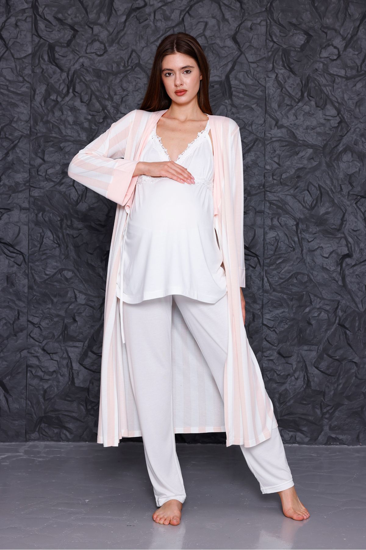 Yulem Homewear Ekru Askılı Emzirme Özellikli Lohusa Hamile Sabahlıklı 3'lü Pijama Takım Set