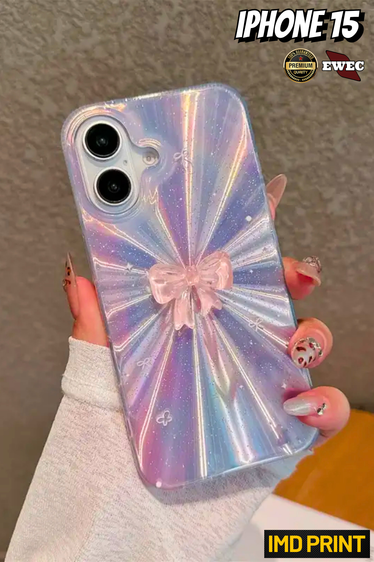 iPhone 15 Compatible Pink Bow and Northern Lights Themed Hologram IMD Premium Phone Case