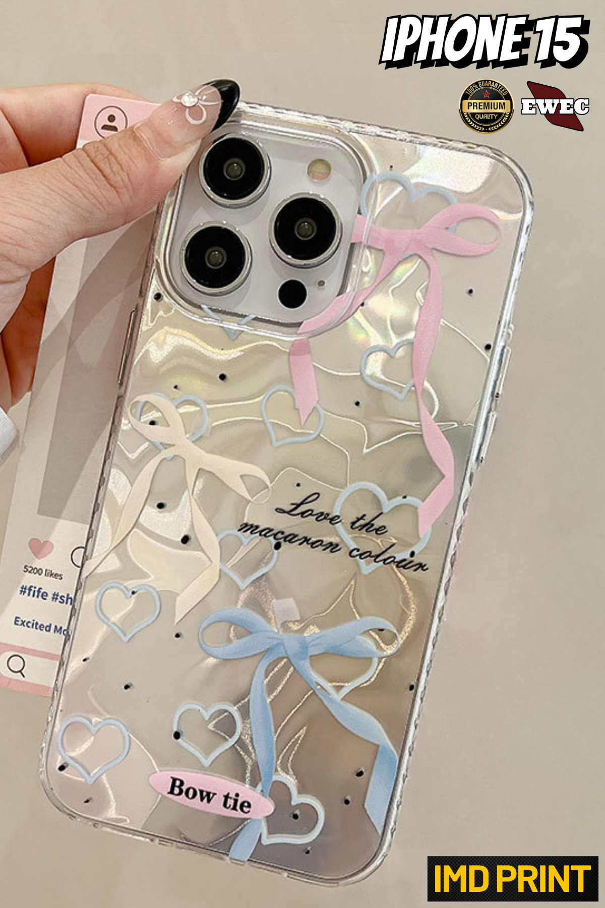 IPhone 15 Compatible Colorful Bow And Heart Themed Hologram Ins Style Imd Premium Phone Case
