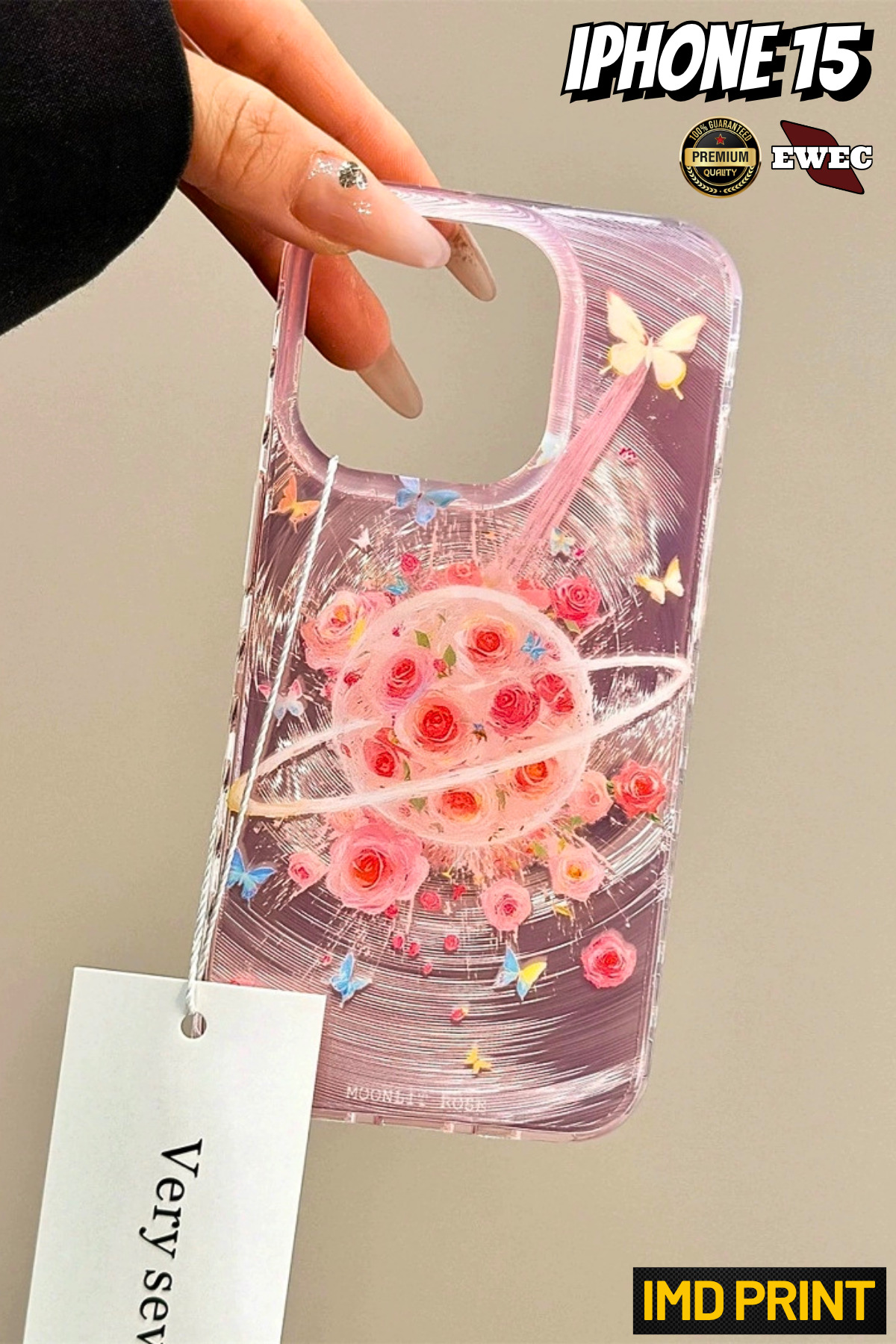 iMD Premium Phone Case with iPhone 15 Compatible Pink Rose and Butterfly Rose Planet Hologram