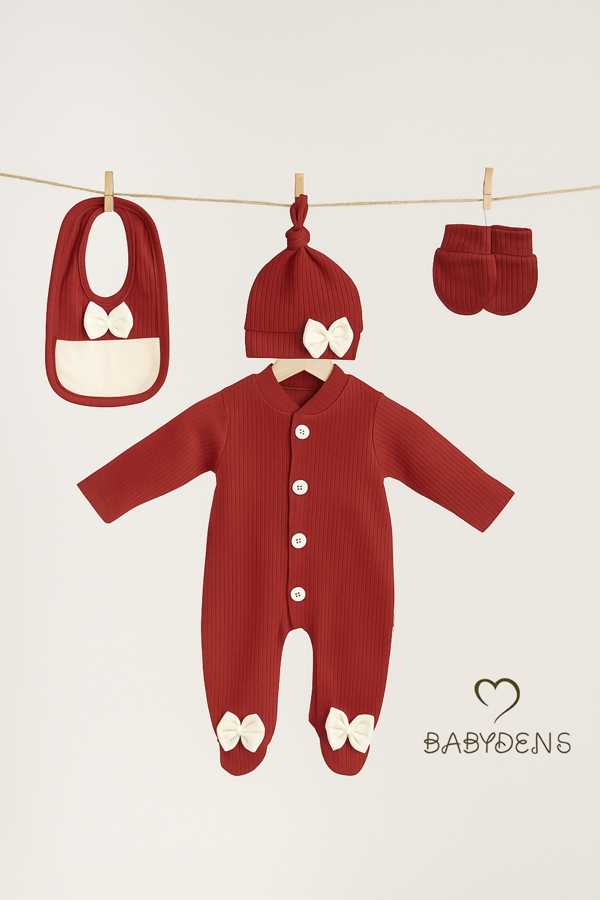 BABYDEN'S 4 'lü Kız Bebek Fitilli Yenidoğan Bebek Tulum Seti %100 Pamuklu Hastane Çıkışı fotoğrafı 3 (önizleme)