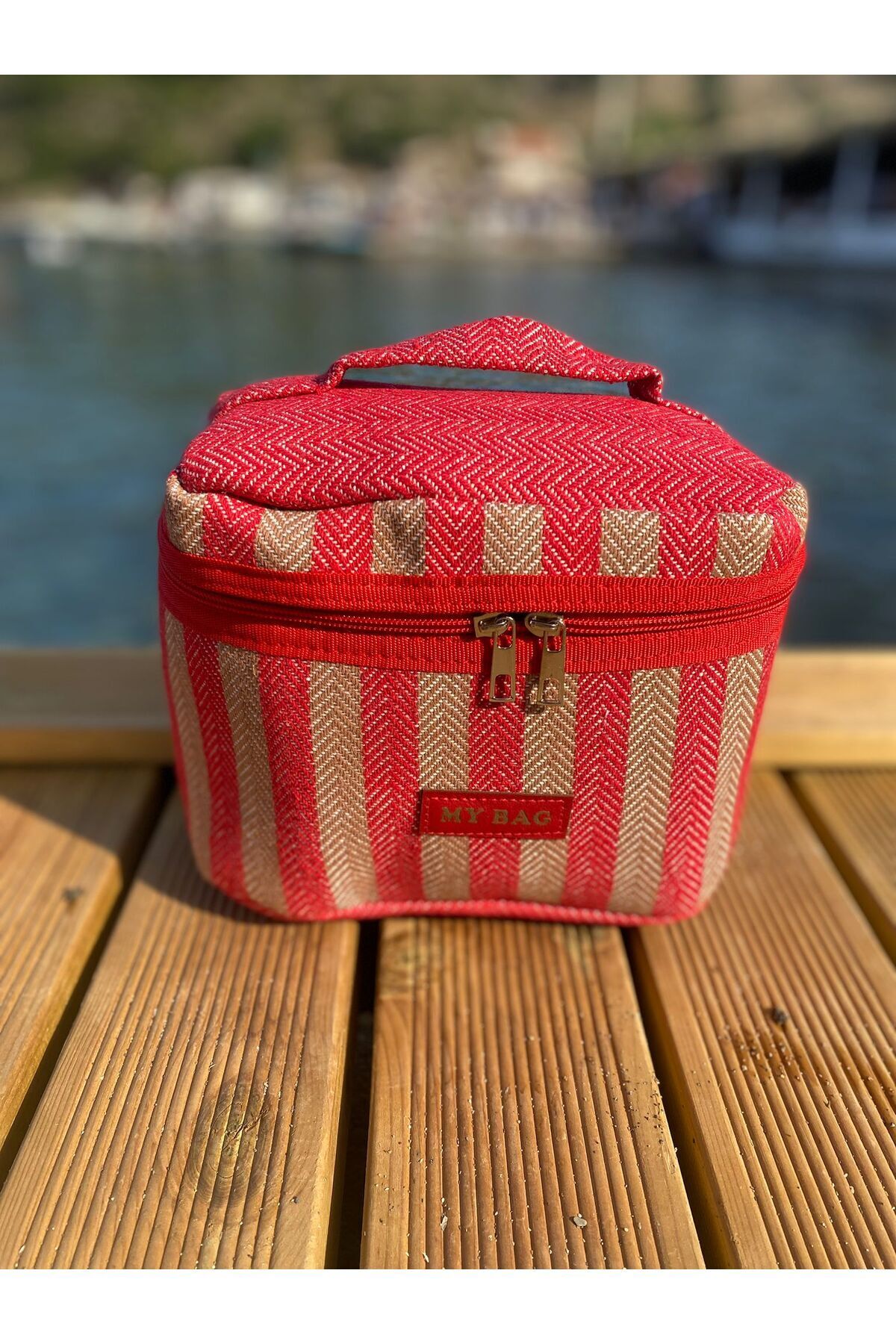 MY BAG ÇANTA Jüt-Hasır Kadın Omuz, Plaj ve Piknik Çantası, Çizgili Halat Askılı %100 Pamuk Dokuma