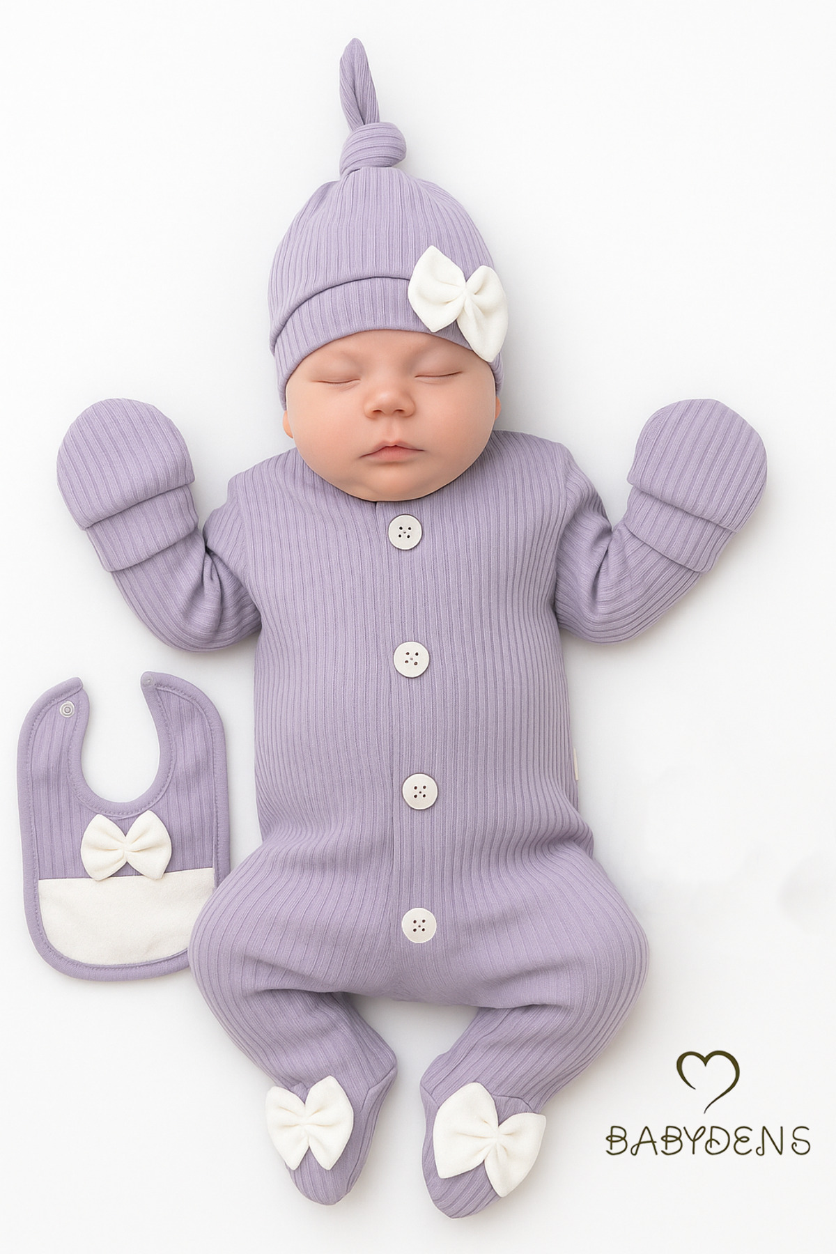 BABYDEN'S 4 'lü Kız Bebek Fitilli Yenidoğan Bebek Tulum Seti %100 Pamuklu Hastane Çıkışı fotoğrafı 2 (önizleme)