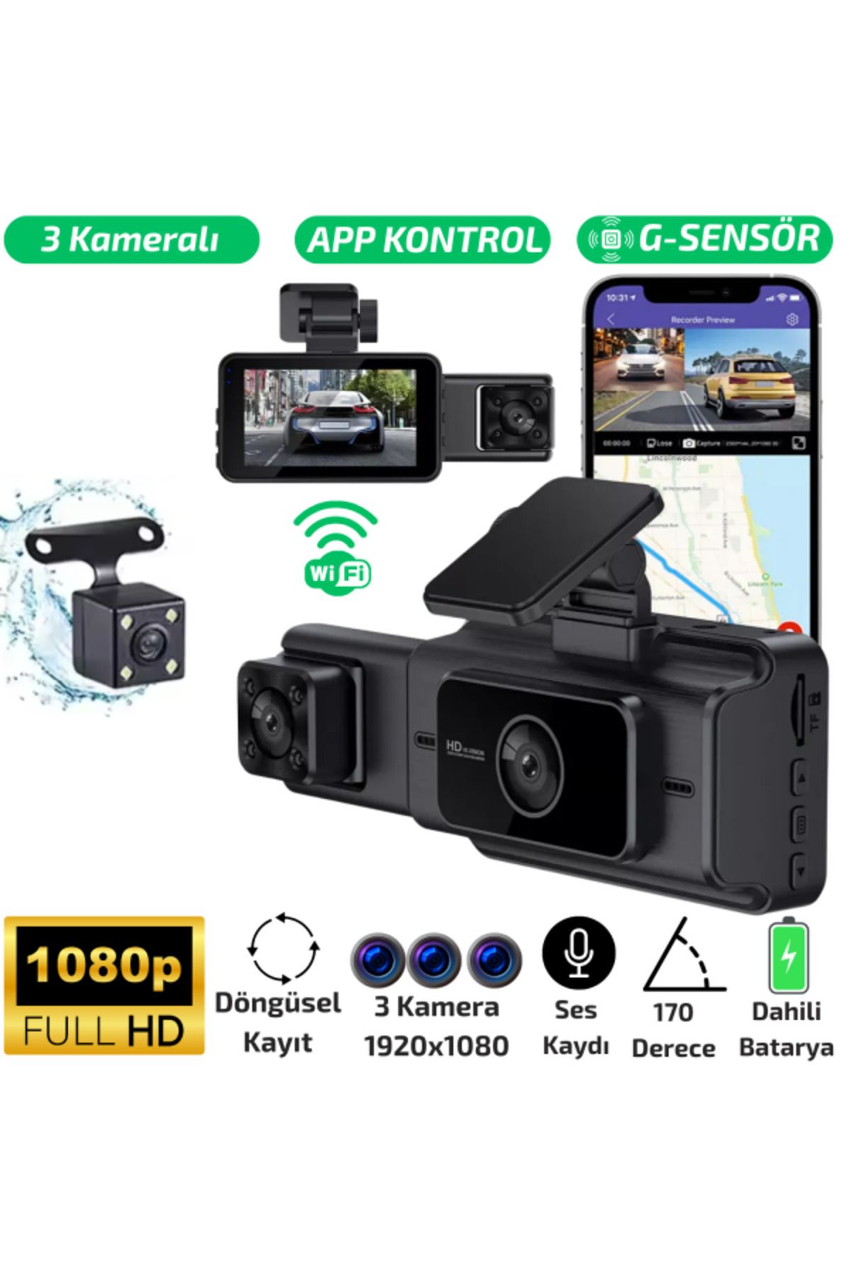 SONREİR S15 Wi-Fi Full HD 3 Kameralı Araç İçi Güvenlik Kamerası 64GB IR Gece Görüşü Ön-Arka-İç Kayıt DashCam