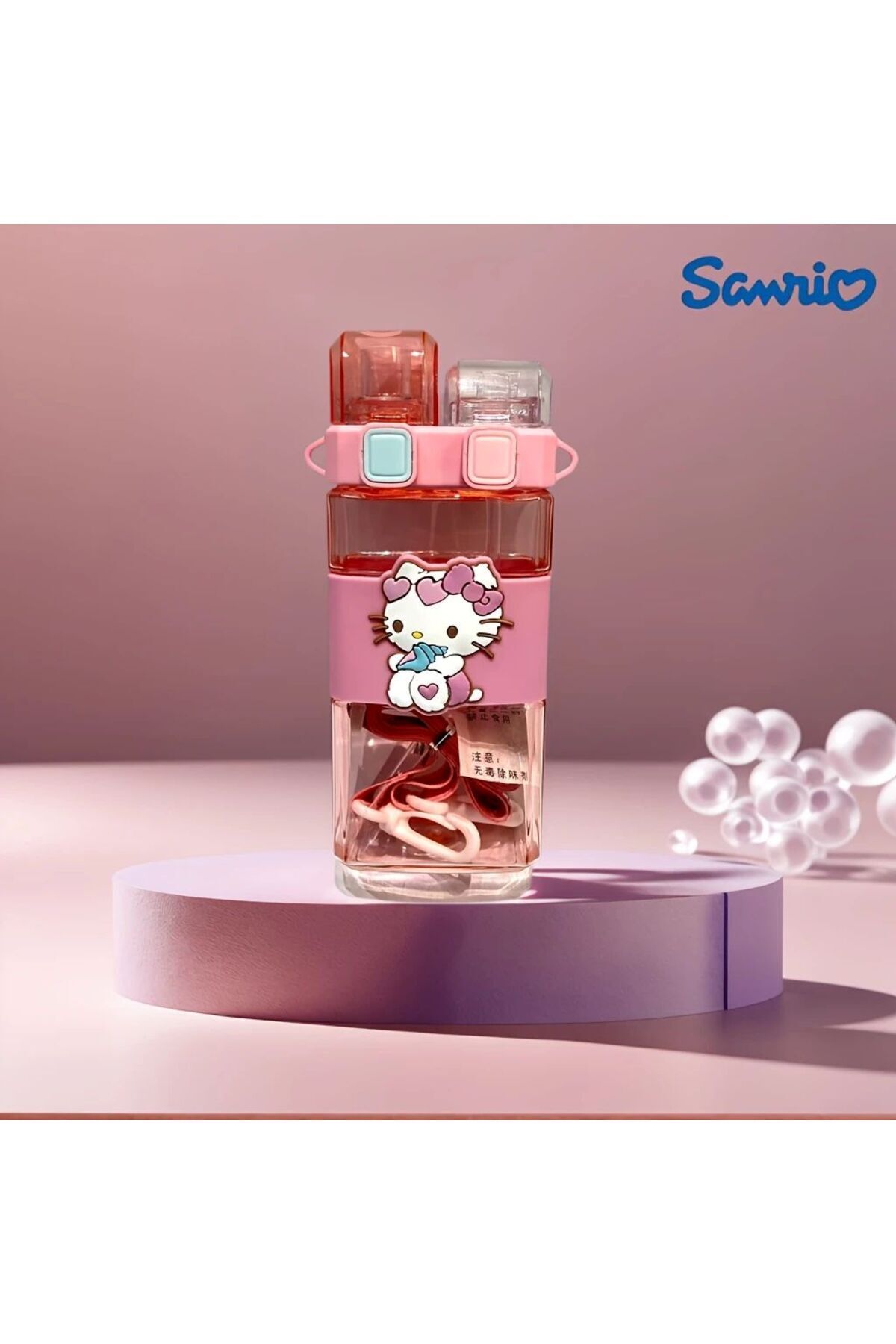 SANRIO Karakterli Kırılmaz Çift Pipetli Su Matarası - Kuromi ve Arkadaşları Temalı Şeffaf Matara