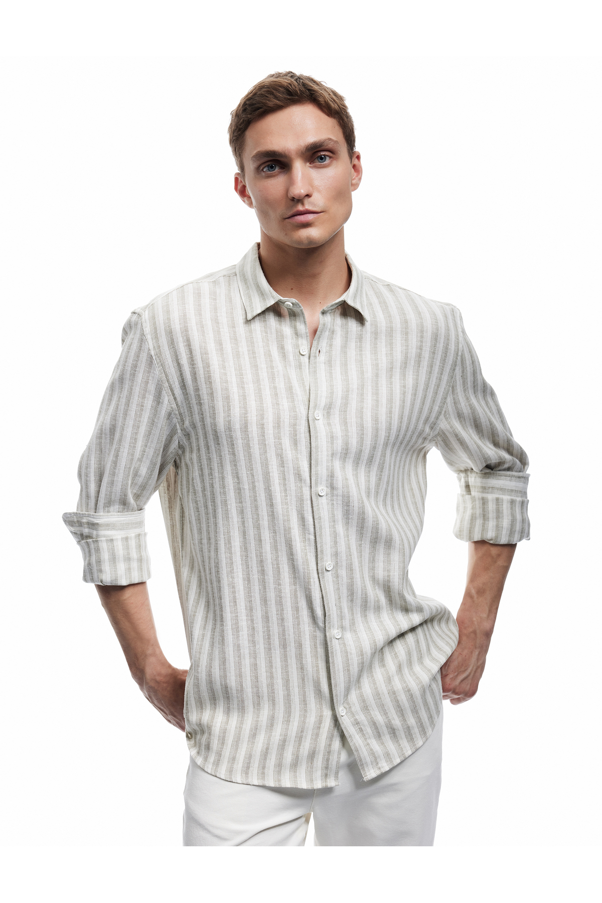 کوتون پیراهن راه راه آستین بلند یقه کلاسیک طرح معمولی از جنس کتان-ویسکوز