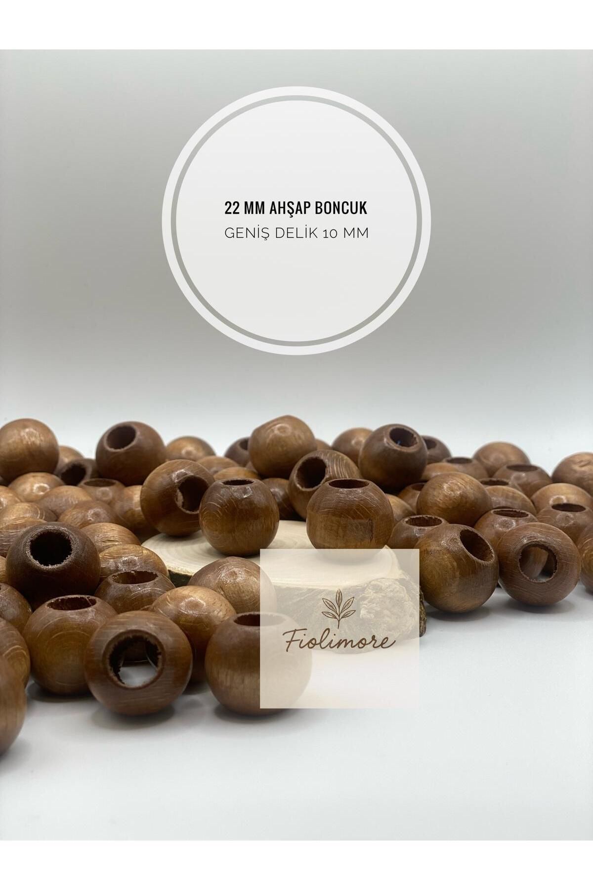 Fiolimore Sütlü Kahve Makrome Ahşap Boncuk 22 mm(50 Gram 15 Adet)Geniş Delik Çapı 10 mm Yuvarlak Renkli Boncuk