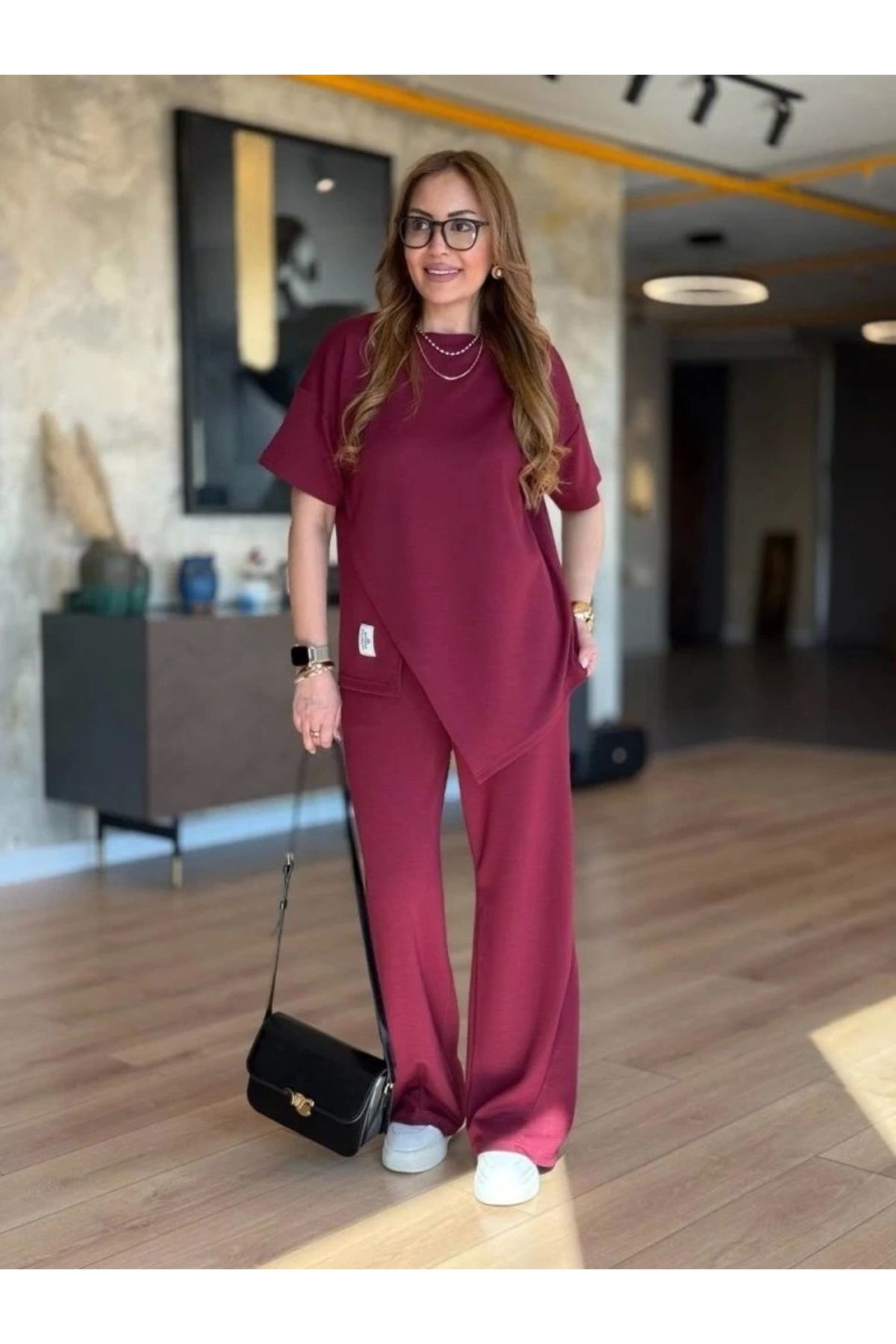 Silerra Kadın Kısa Kollu Bisiklet Yaka Asimetrik Viskon Iki Iplik Bluz Ve Pantolon Ikili Takım