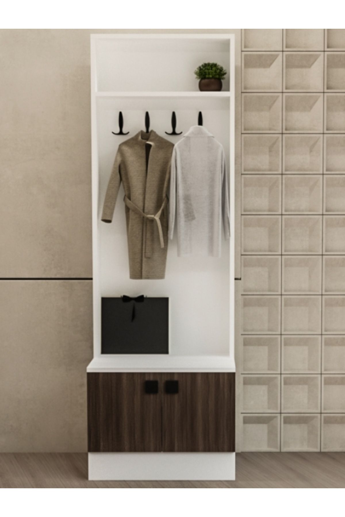 Nitro Furniture Salamon Çok Amaçlı Vestiyer – Ayakkabılıklı Portmanto Askılık | 60x190 cm Beyaz Ceviz SL5600