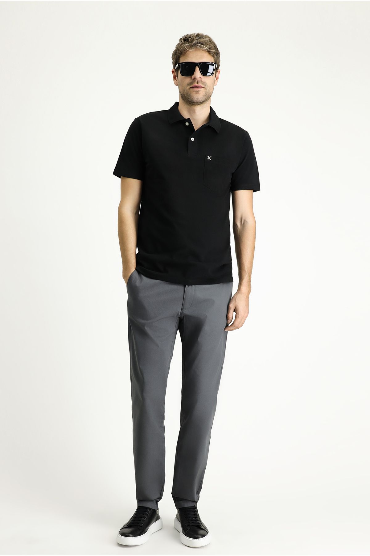 تی شرت یقه پولو مشکی مردانه سیاه Polo Yaka به طور منظم مناسب گلدوزی پنبه t shirt Kiğılı