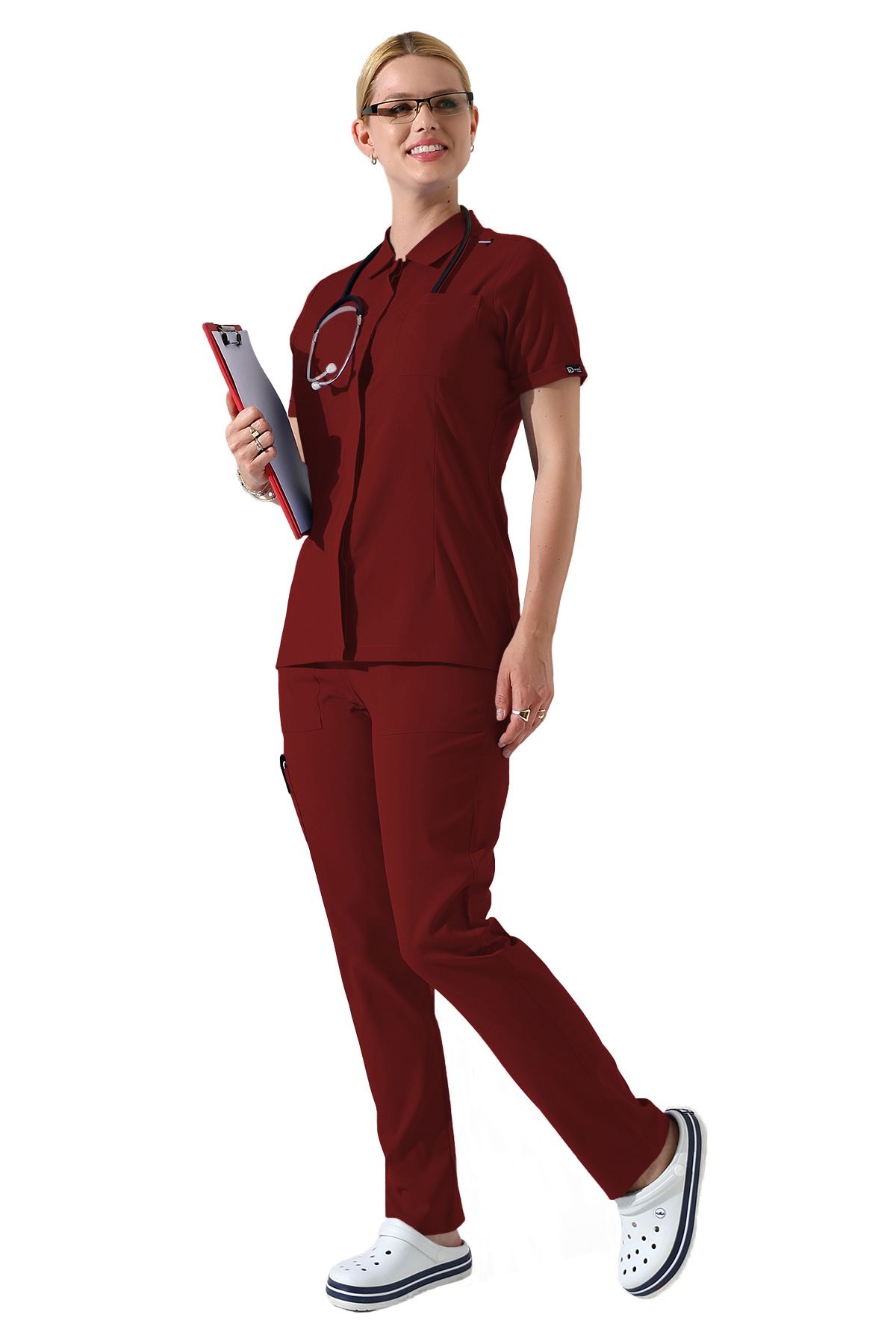 BEDUCA Bordo Likralı Polo Yaka Çıtçıtlı Hemşire Scrubs Takımı, Estetisyen Ve Güzellik Merkezi Forması