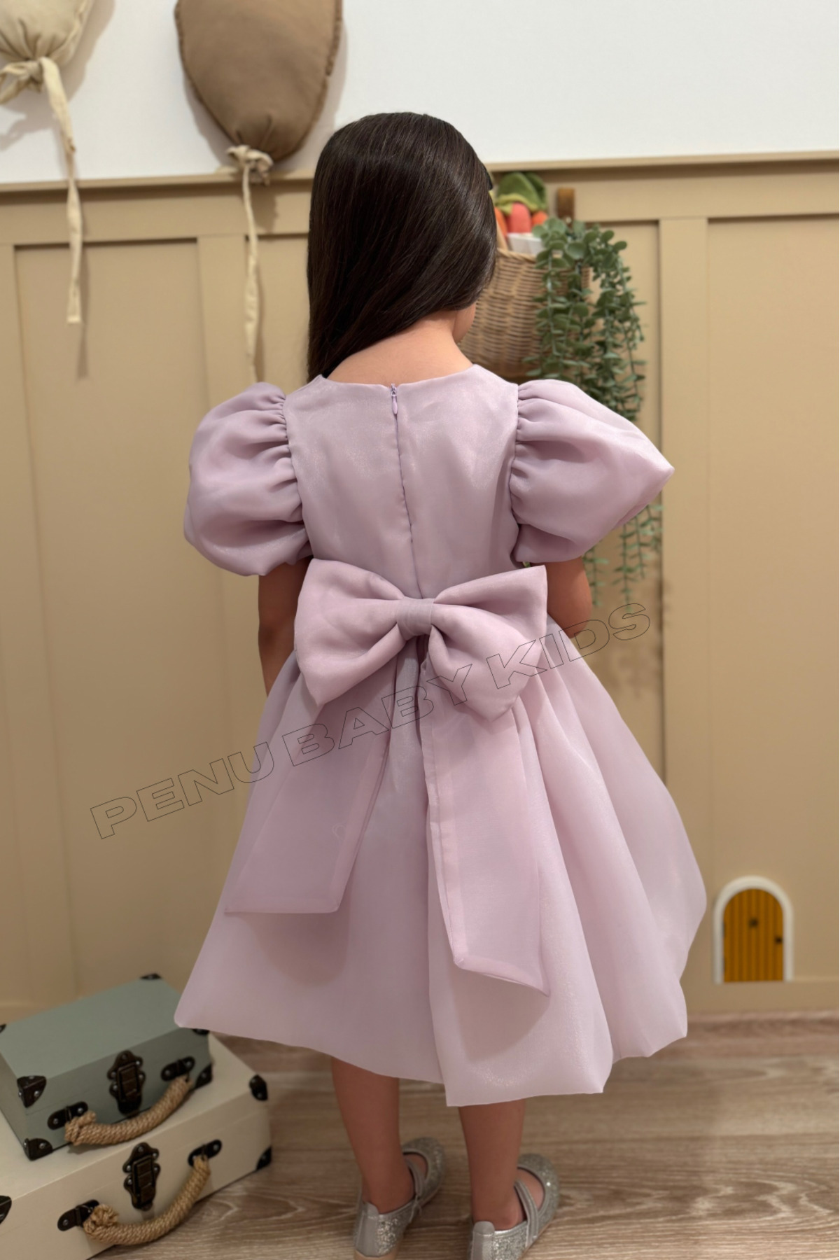 penu baby kids Lila Karolin Balon Etek Balon Kollu Kurdeleli Kız Çocuk Kız Bebek Elbise fotoğrafı 2 (önizleme)