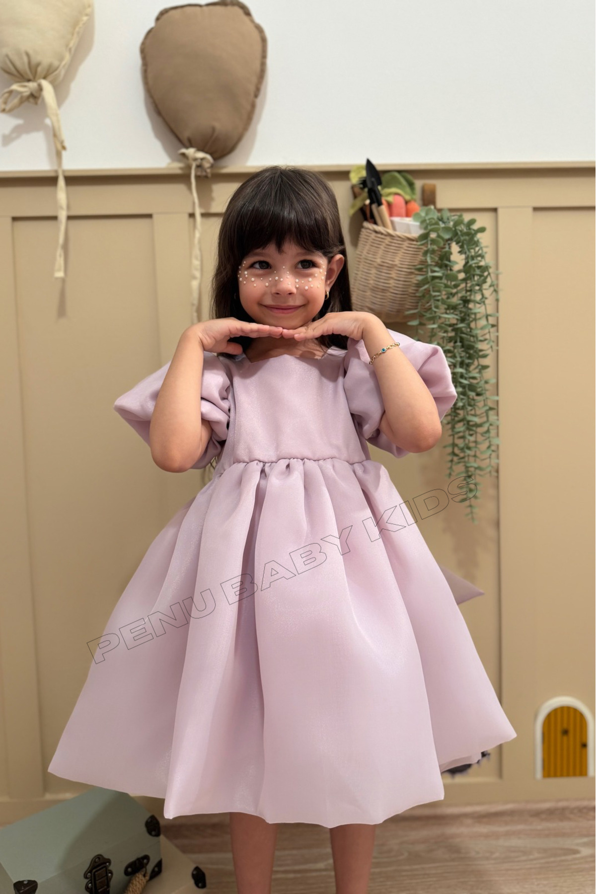 penu baby kids Lila Karolin Balon Etek Balon Kollu Kurdeleli Kız Çocuk Kız Bebek Elbise fotoğrafı 7 (önizleme)