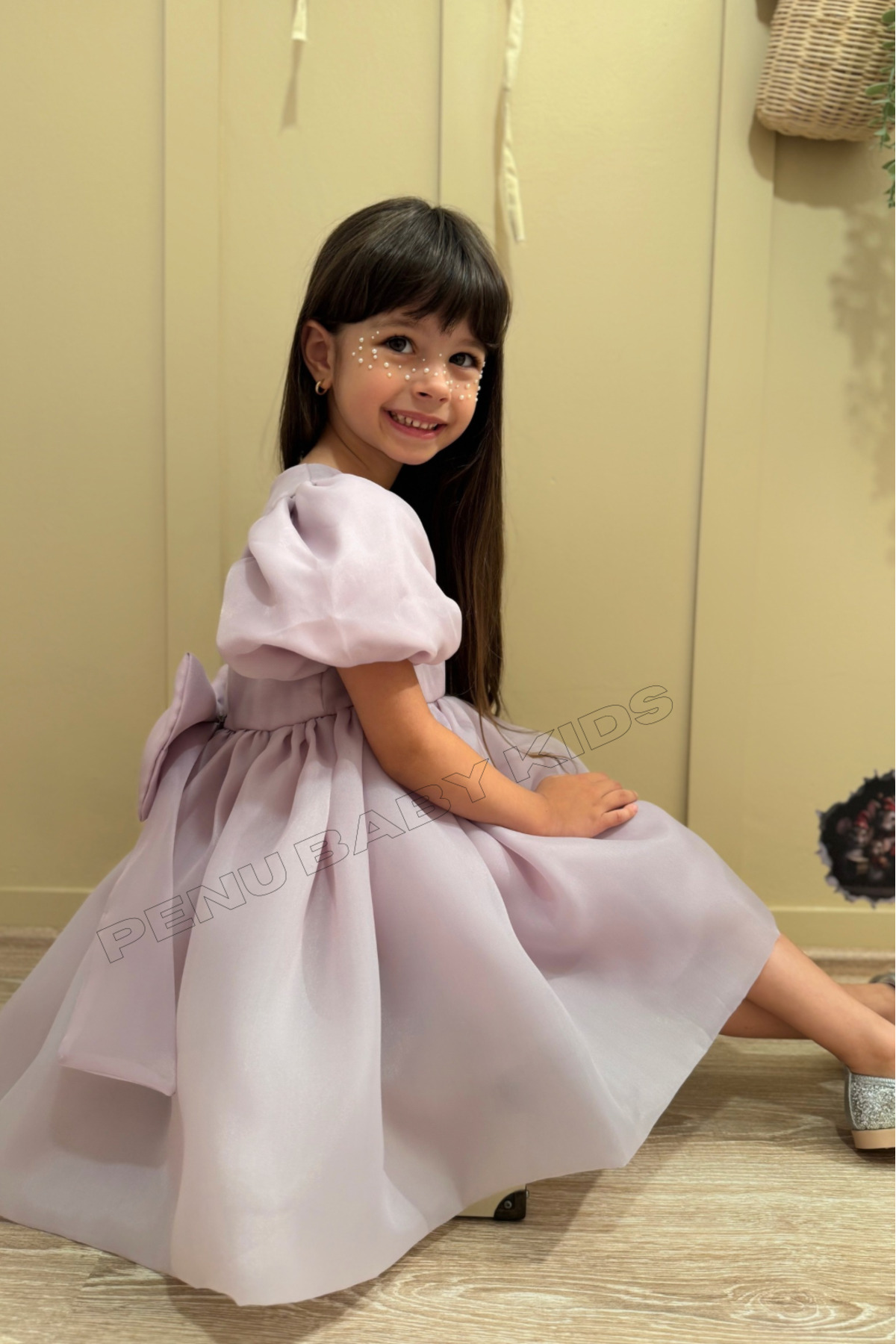 penu baby kids Lila Karolin Balon Etek Balon Kollu Kurdeleli Kız Çocuk Kız Bebek Elbise fotoğrafı 4 (önizleme)