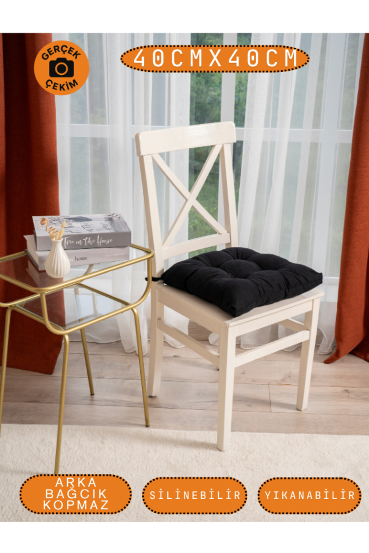 Pastello Sandalye Minderi –Siyah – Kadife Dokulu, Bağcıklı, Yıkanabilir – 40x40 detay