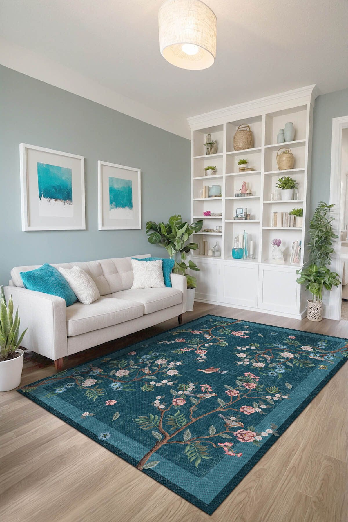 AIDA HOME Sobesli Floral Desenli Pamuk Tabanlı Yıkanabilen Kaydırmaz Antibakteriyel Şönil Salon Halısı