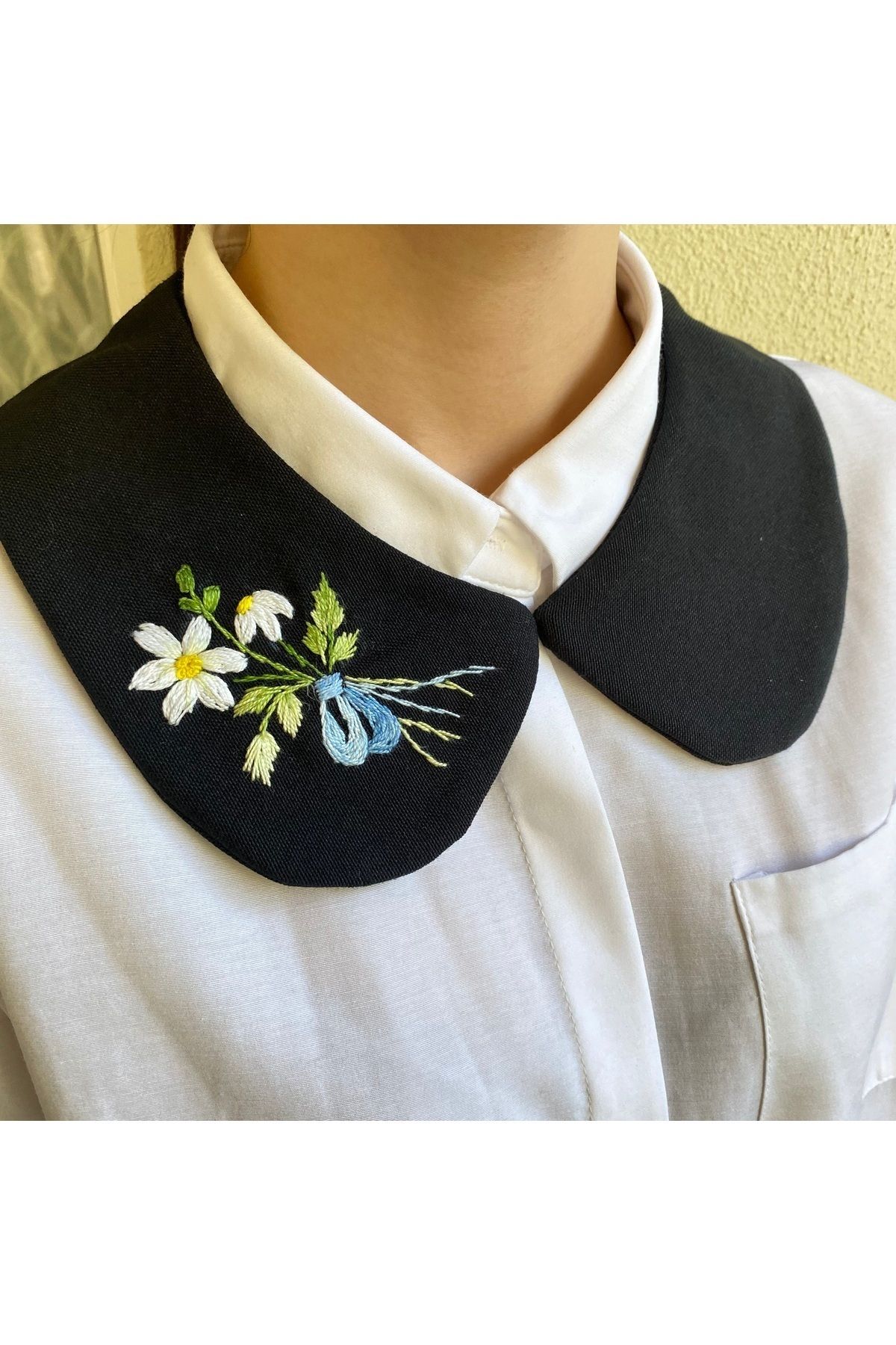 Home Siyah Keten Papatya çiçek el işlemeli Vintage Tarzı Yetişkin Yaka . %100 El emeği
