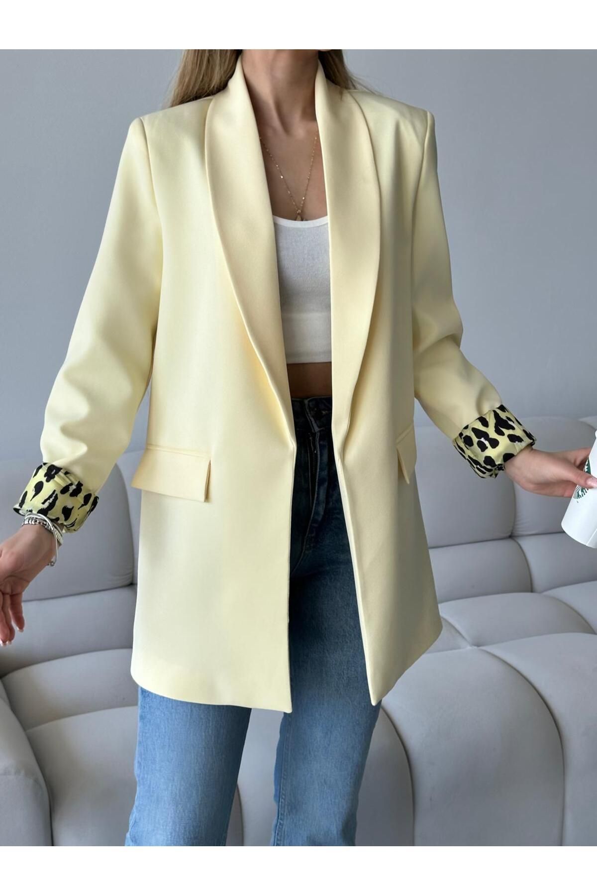 aytenli-Oversize Double Leopard Lined Buttonless Pocket Long Blazer Jacket 5