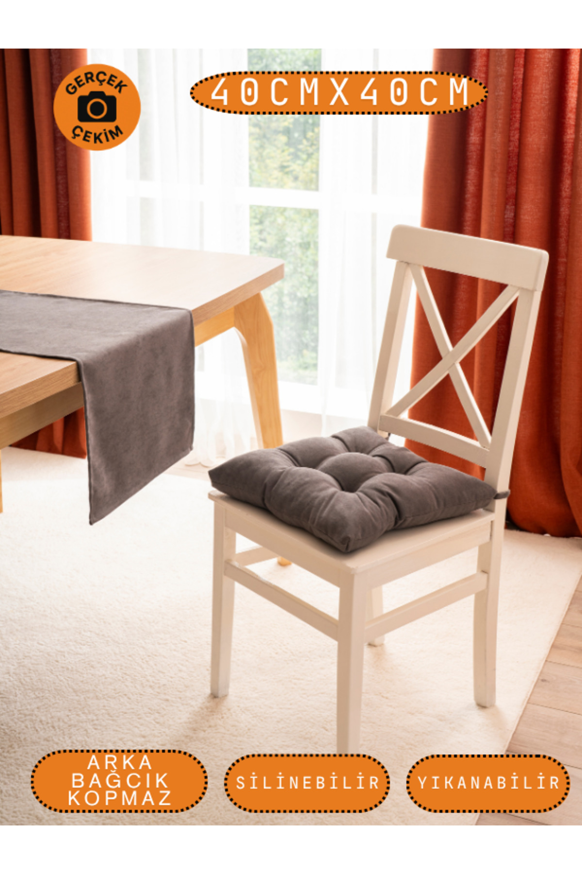 Pastello Sandalye Minderi –Gri – Kadife Dokulu, Bağcıklı, Yıkanabilir – 40x40 detay