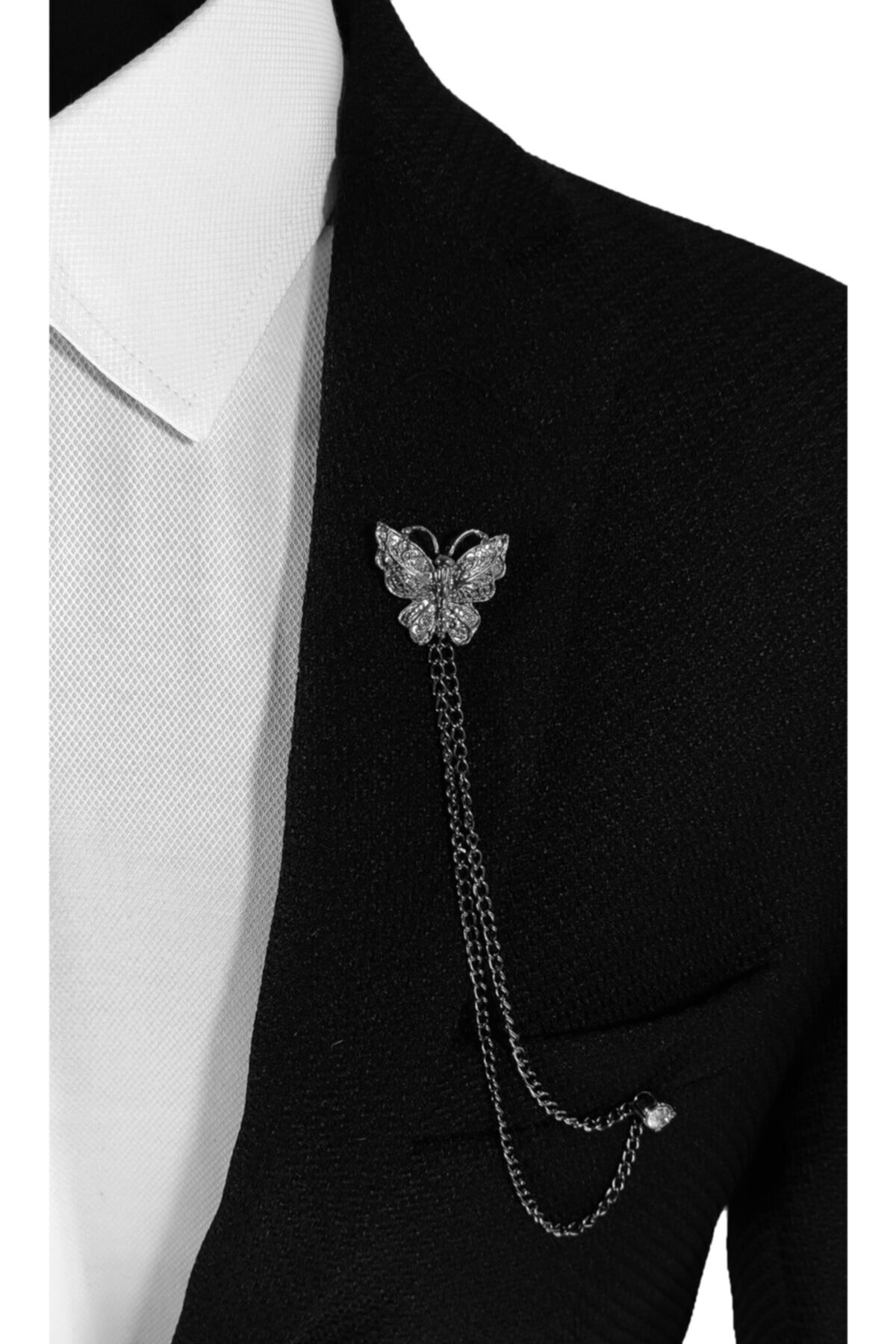  سنجاق یقه فلزی کتی خاکستری نقره‌ای تیره با زنجیر یقه طرح پروانه